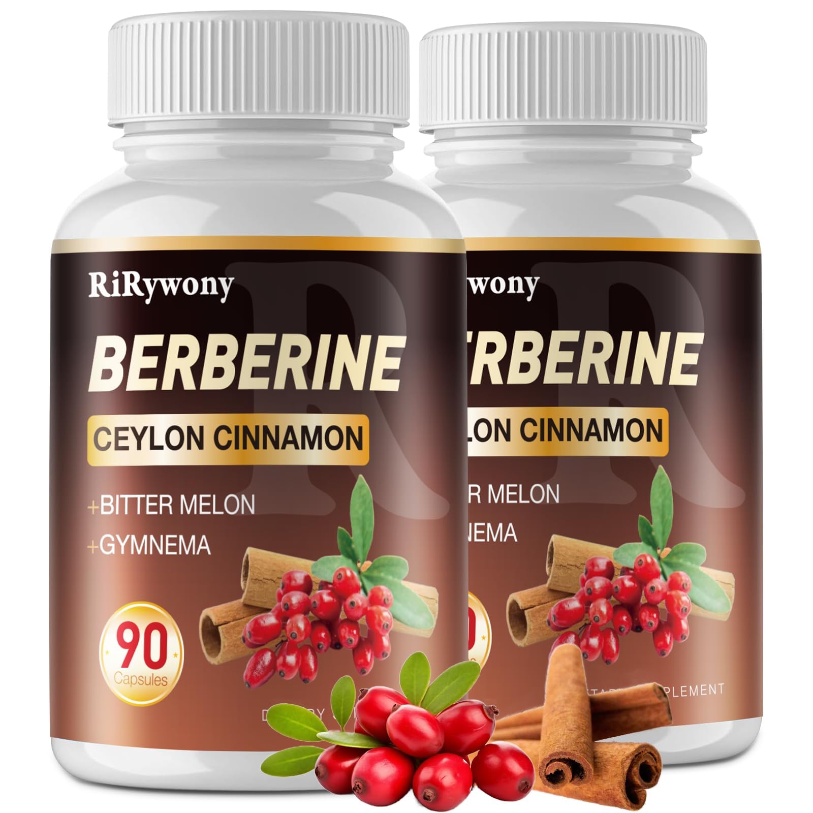 RiRywony Health Berberine HCL 1500 mg with Ceylon Cinnamon, Bitter Melon and Gymnama, Capsules, 180 Count