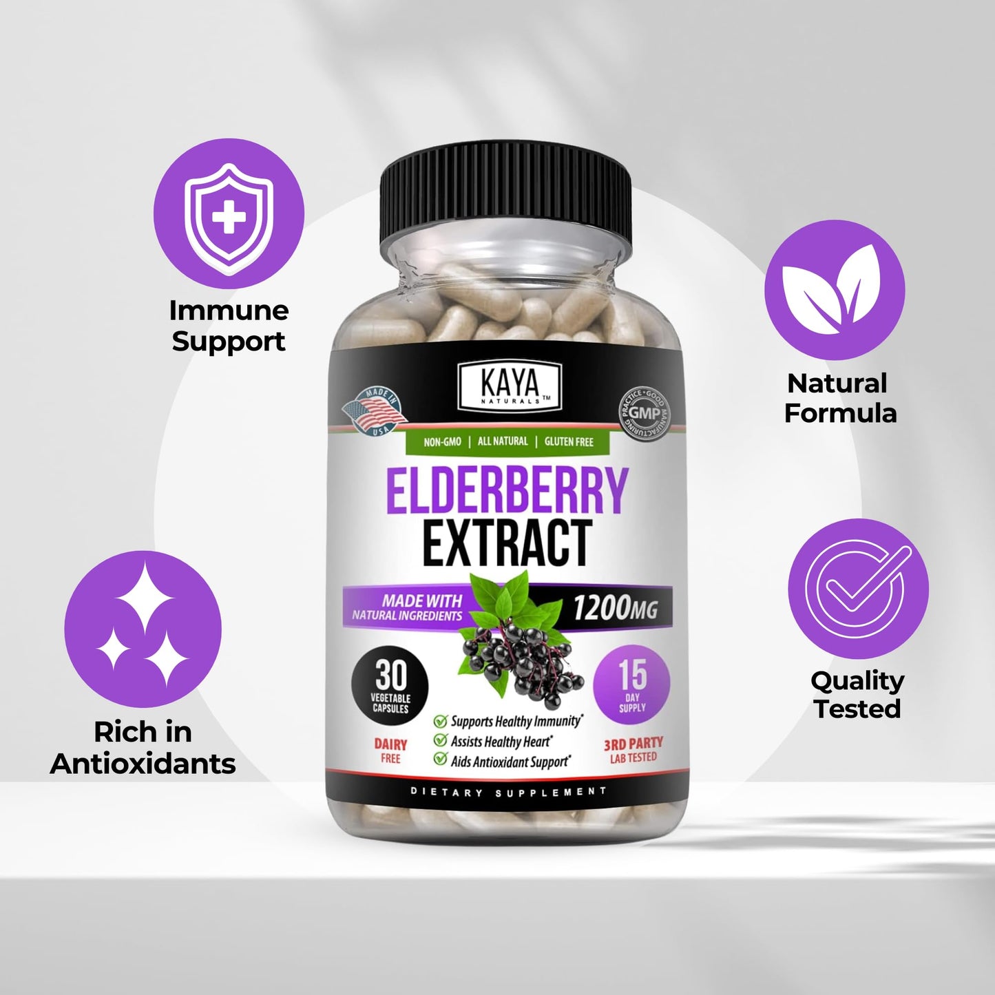 Kaya Naturals Elderberry Immune Support Capsules, Pack of 2
