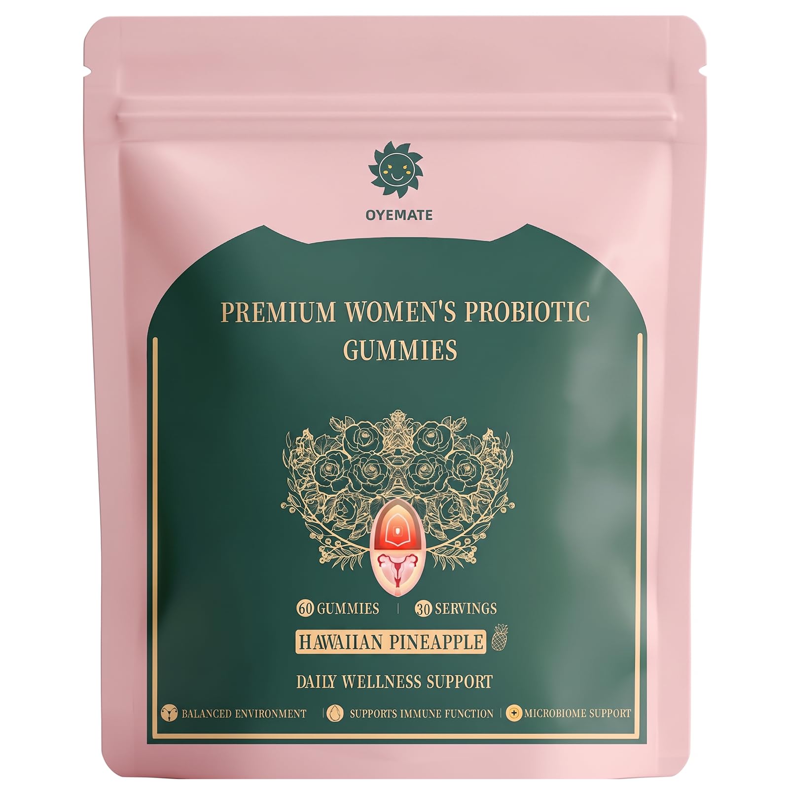 OYEMATE Women's Probiotic Gummies – Vaginal Flora Support & Digestive Health – pH Balance, Vegan & Gluten-Free – Hawaiian Pineapple, 60 Count