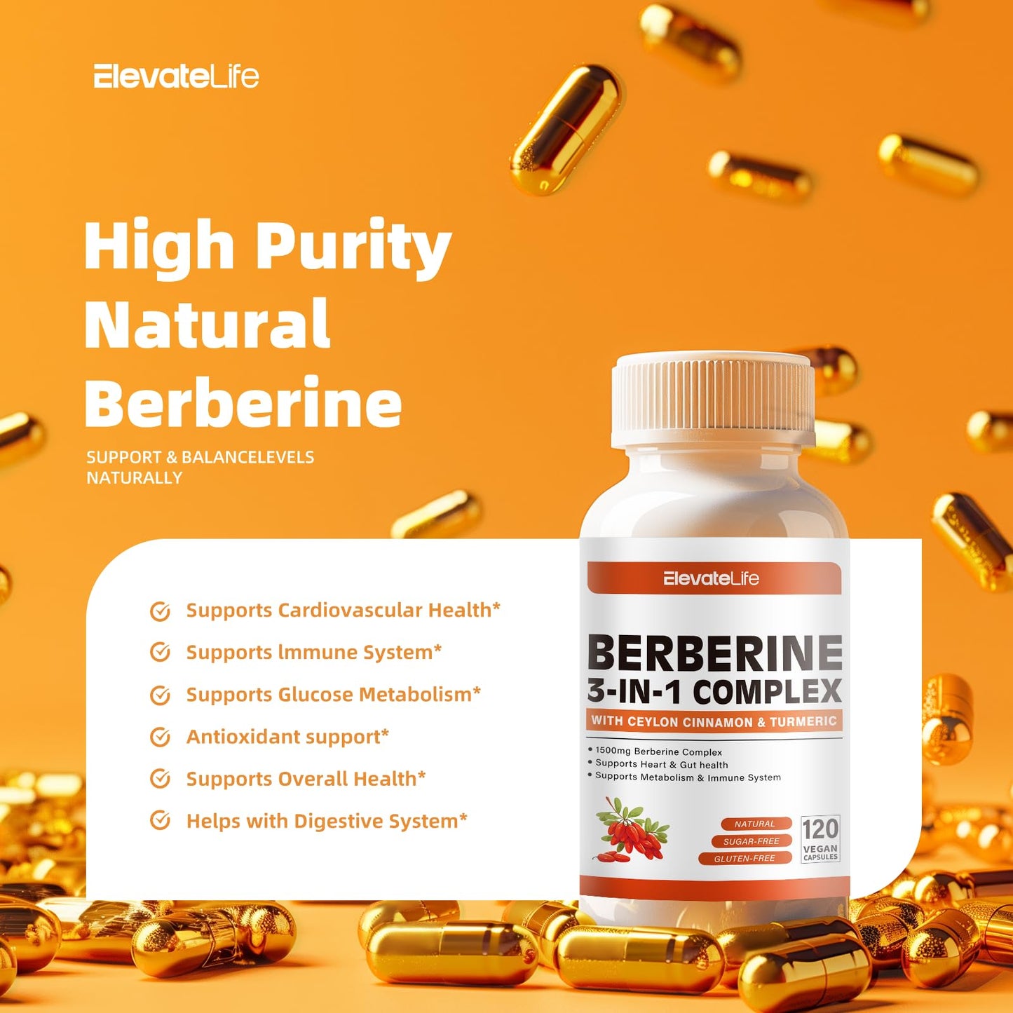 ElevateLife Berberine Supplement with True Ceylon Cinnamon, Berberine 1500mg Per Serving, 120 Capsules