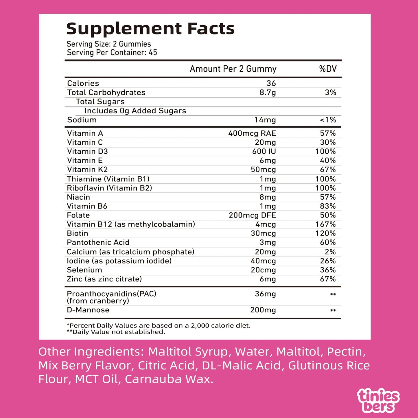 Tinies bers Cranberry Gummies for Kids with D-mannose, Multivitamins, Methyl Vitamin B12, Urinary Tract & Immune Health, Daily Support, Vegan, Sugar Free, Pectin, Berry, 90 Gummies