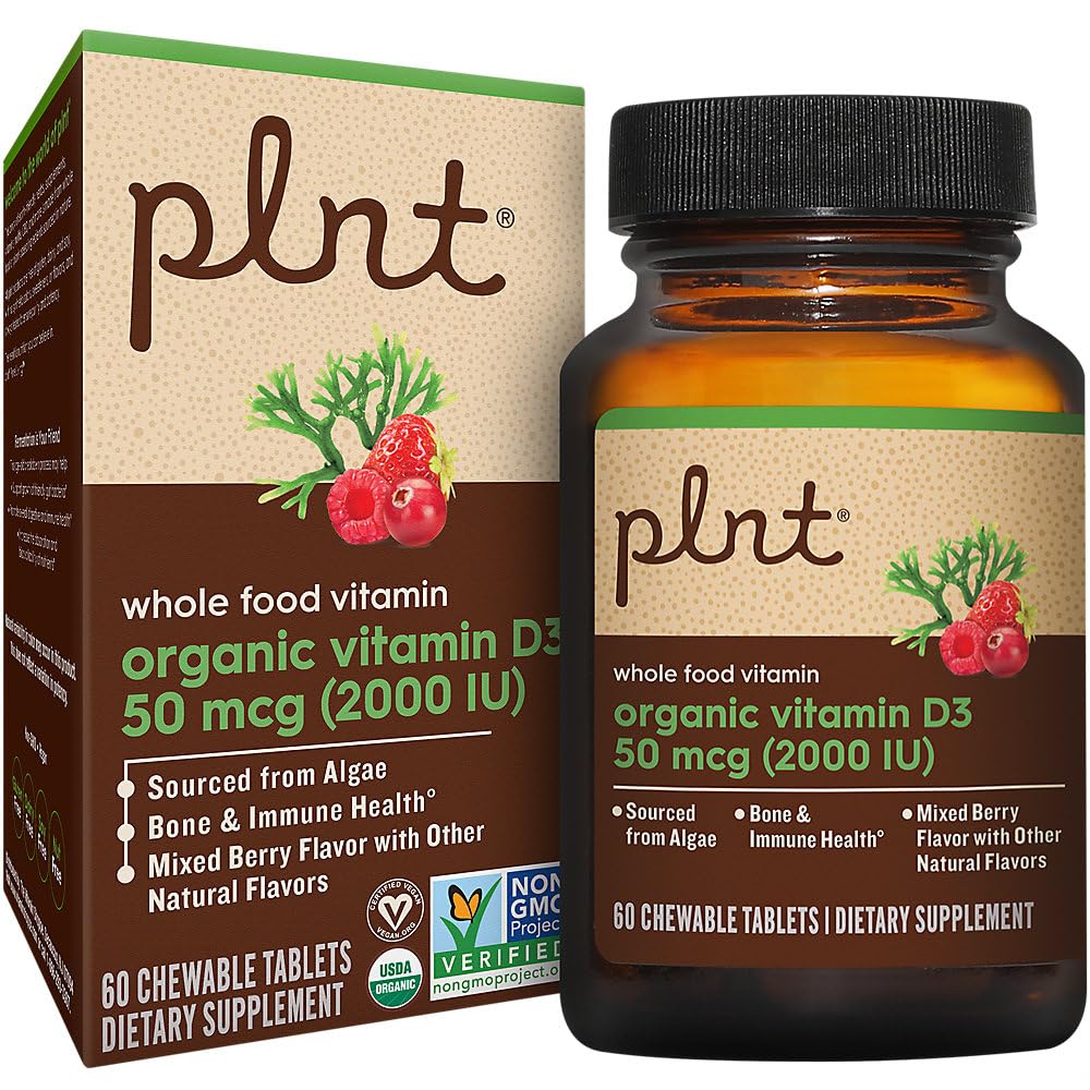 plnt Organic Vitamin D3 50 MCG (2,000 IU) Whole Food Vitamin A Mixed Berry Chewable Tablets 60