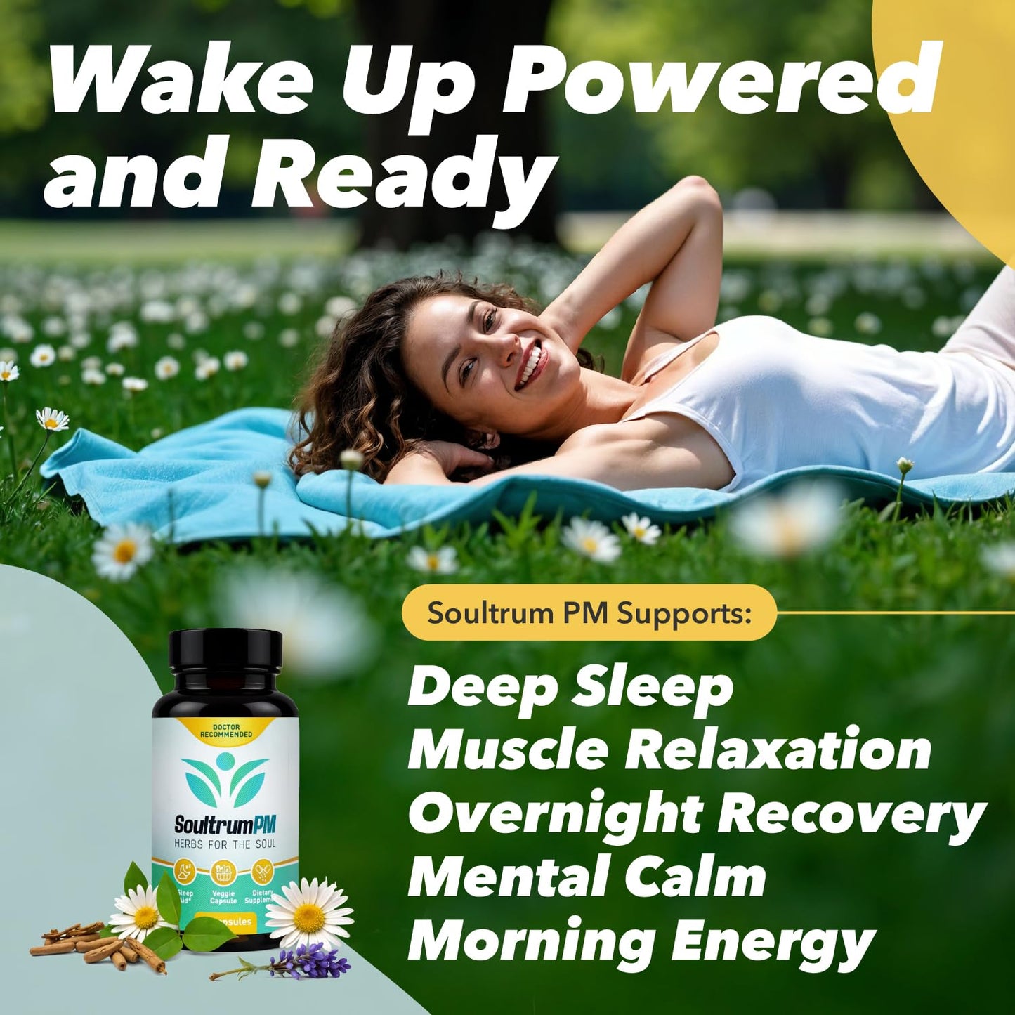 Soultrum Natural Sleep Aid Nighttime Sleeping Supplement with Melatonin 3mg, L-Theanine 200mg, Vitamin B6 5mg, Magnesium Glycinate 11mg, Ashwagandha, Chamomile, Valerian Root, Passionflower, 60 Capsules