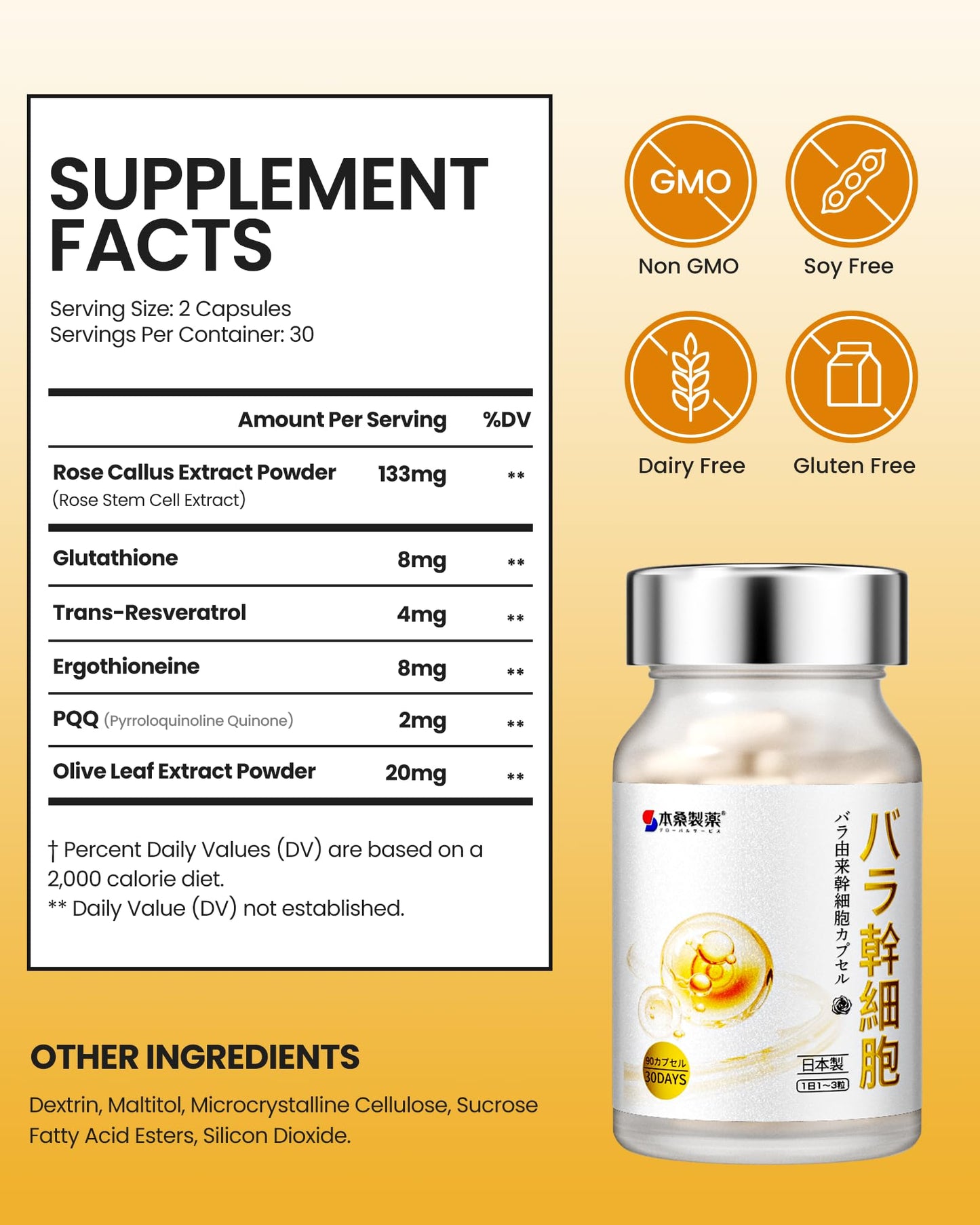 本桑製薬 Glutathione Supplement with Trans-Resveratrol, PQQ & Ergothioneine 6-in-1 Antioxidant Complex for Skin Brightening & Healthy Aging, 60 Vegan Capsules