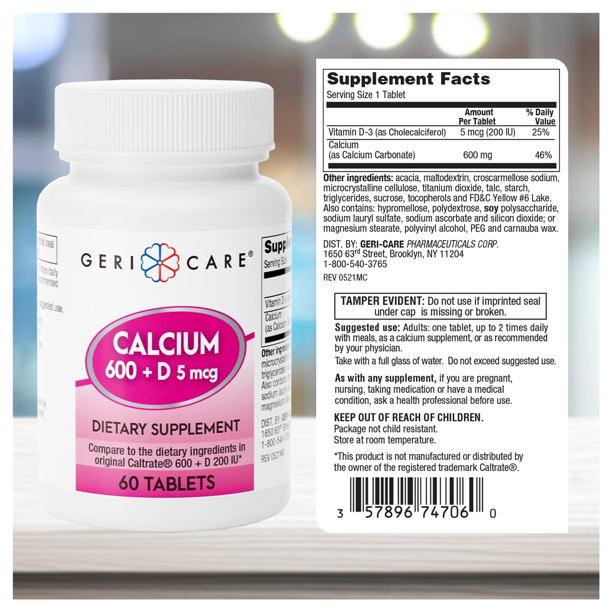 GeriCare Calcium 600mg Vitamin D 5mcg Tablets, 60 Count