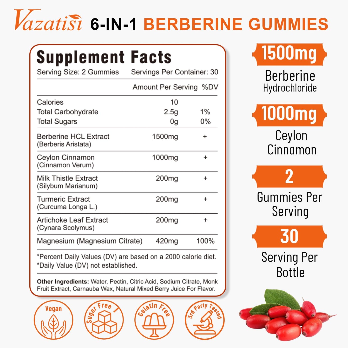 Vazatisi Berberine Gummies 1500mg, 60 Gummies