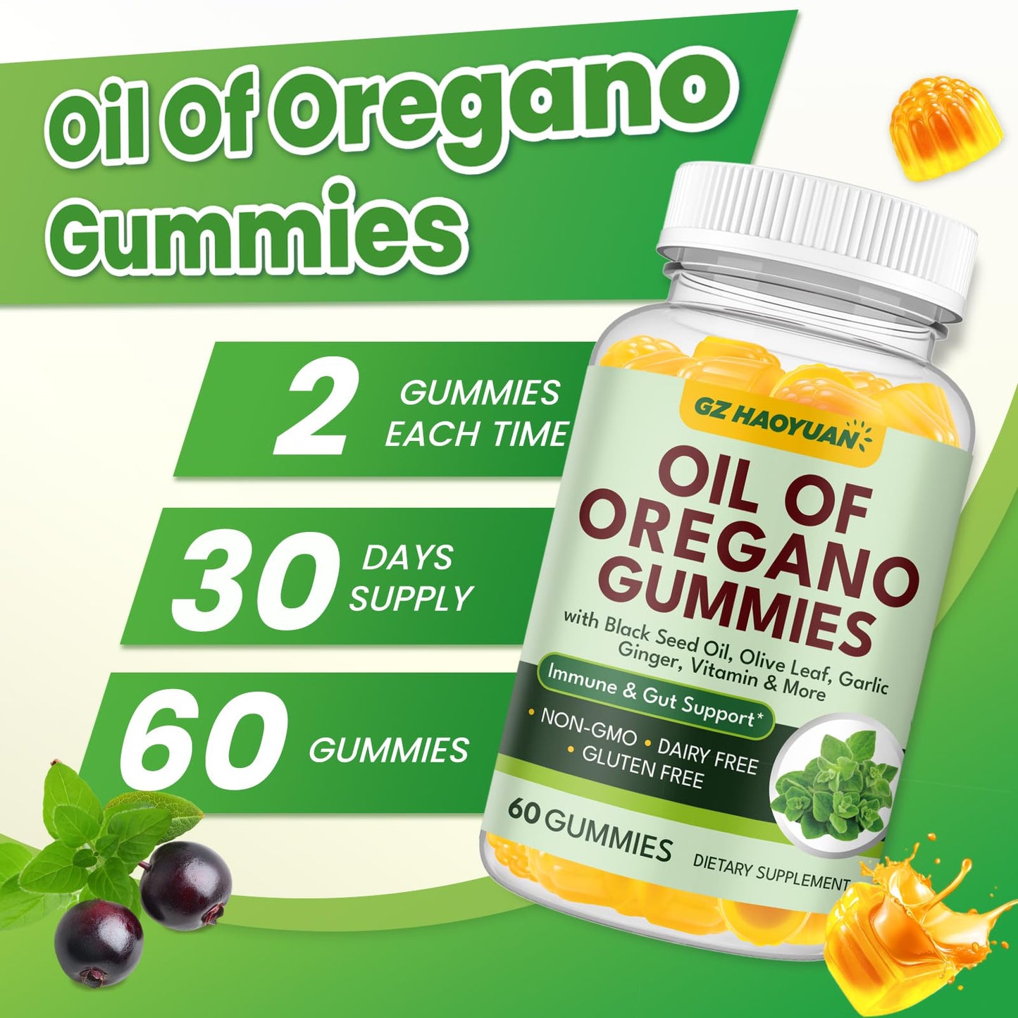 GZ HAOYUAN Oil of Oregano Gummy with Black Seed Oil + Vitamin D3, 60 Count