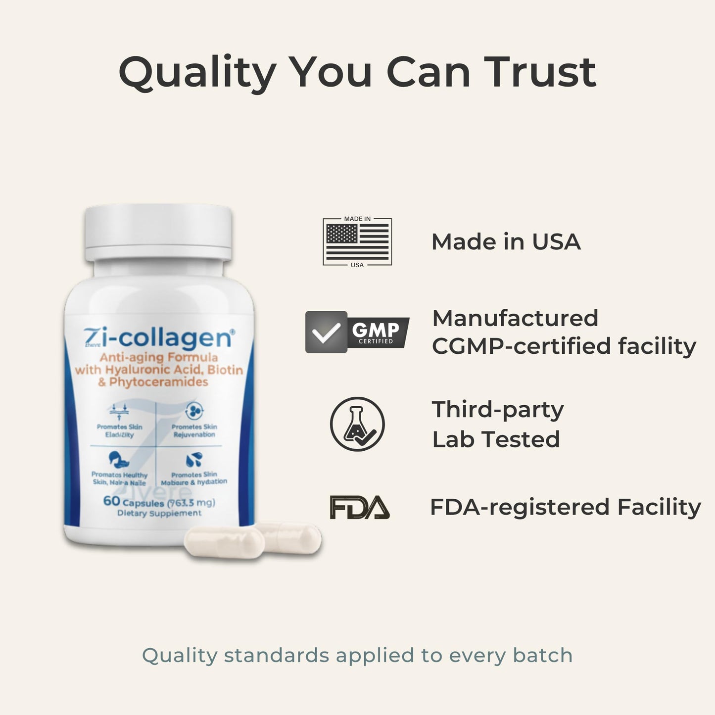 Zivere Zi-Collagen Marine Collagen Capsules with Phytoceramides, Hyaluronic Acid, Biotin & Vitamins A, C, D3 & E, 60 Capsules
