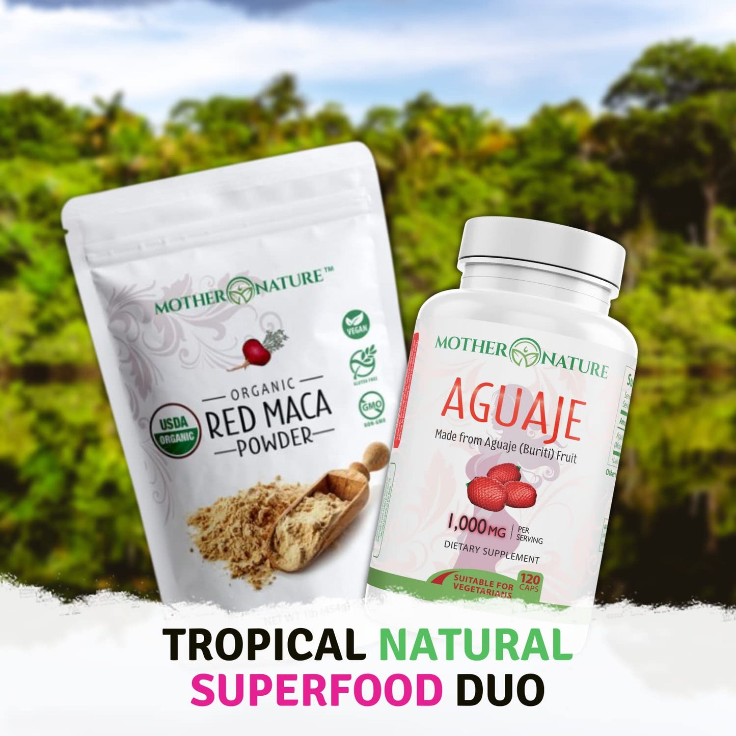 Mother Nature Organics Superfoods for Organic Living Beauty Bundle - Aguaje Capsules + Red Maca Powder, 2-Pack