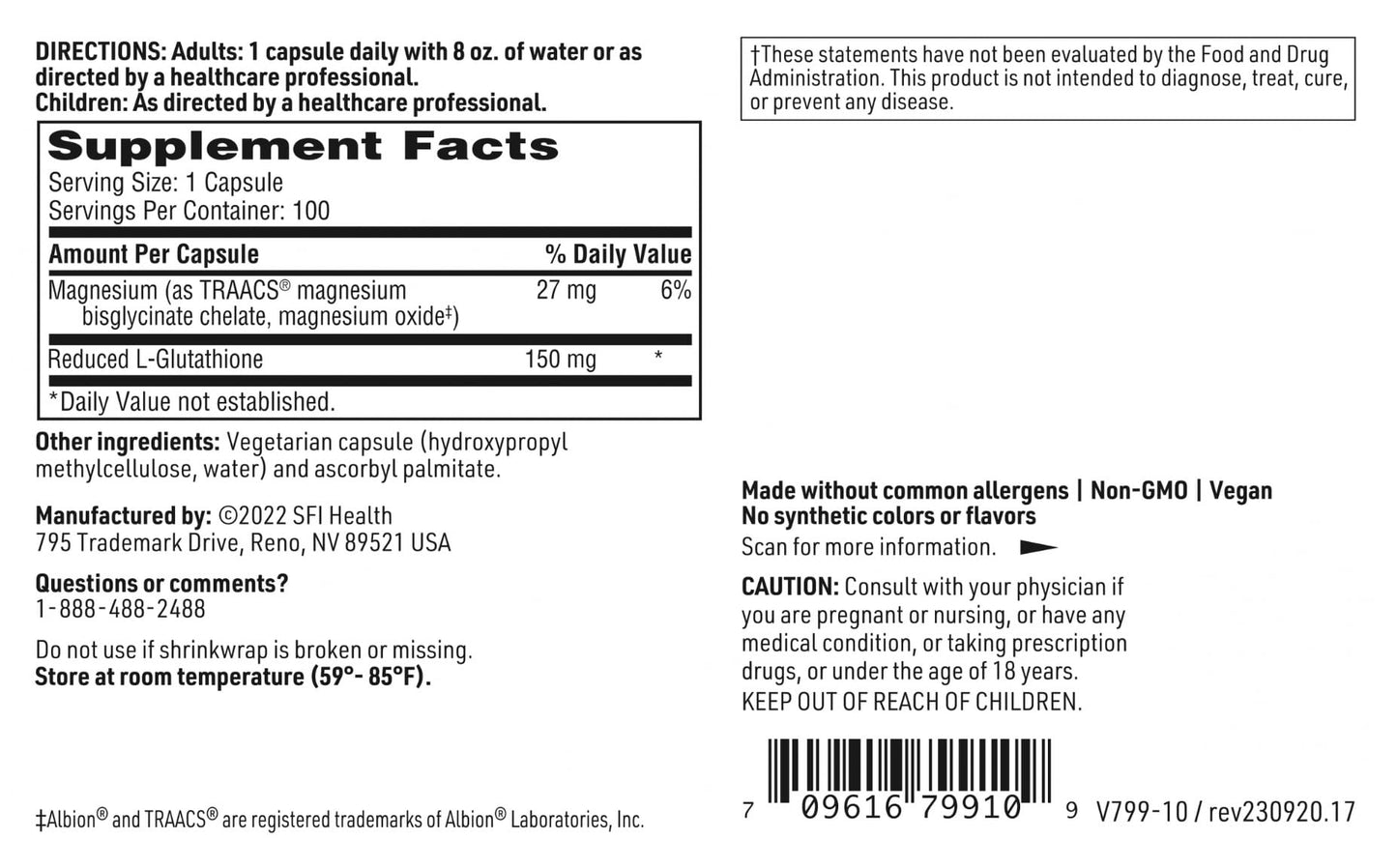 SFI Health Reduced L-Glutathione 150mg Capsule, 100 Count