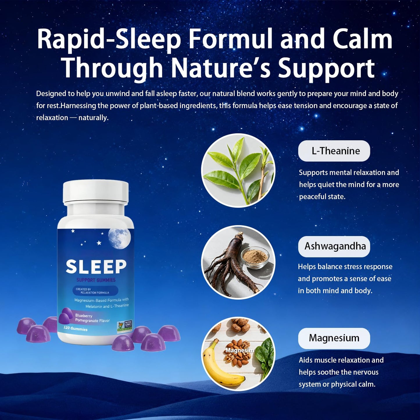 SERSANVE Sleep Gummies with Magnesium, Melatonin & L-Theanine Sleep Support Supplement for Relaxation & Restful Nights, Blueberry Pomegranate Flavor, 120 Gummies