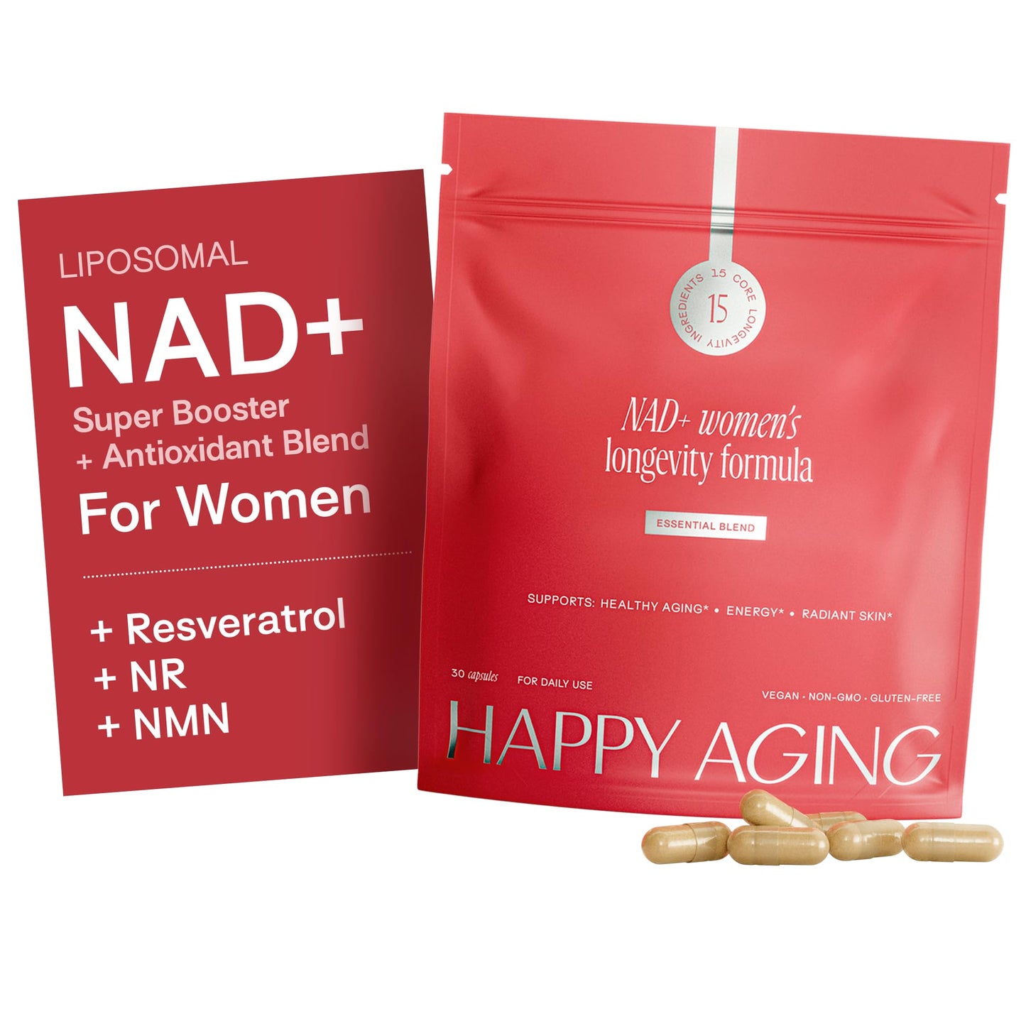 Happy Aging Essential Longevity Formula NAD+ Super Booster with NR, NMNH & Liposomal β-NAD+ Organic Antioxidant Superfruit Blend, 30 Capsules