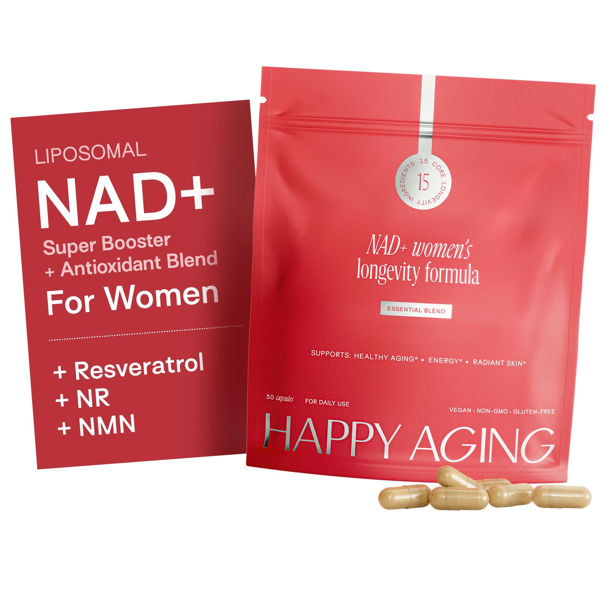 Happy Aging Essential Longevity Formula NAD+ Super Booster with NR, NMNH & Liposomal β-NAD+ Organic Antioxidant Superfruit Blend, 30 Capsules