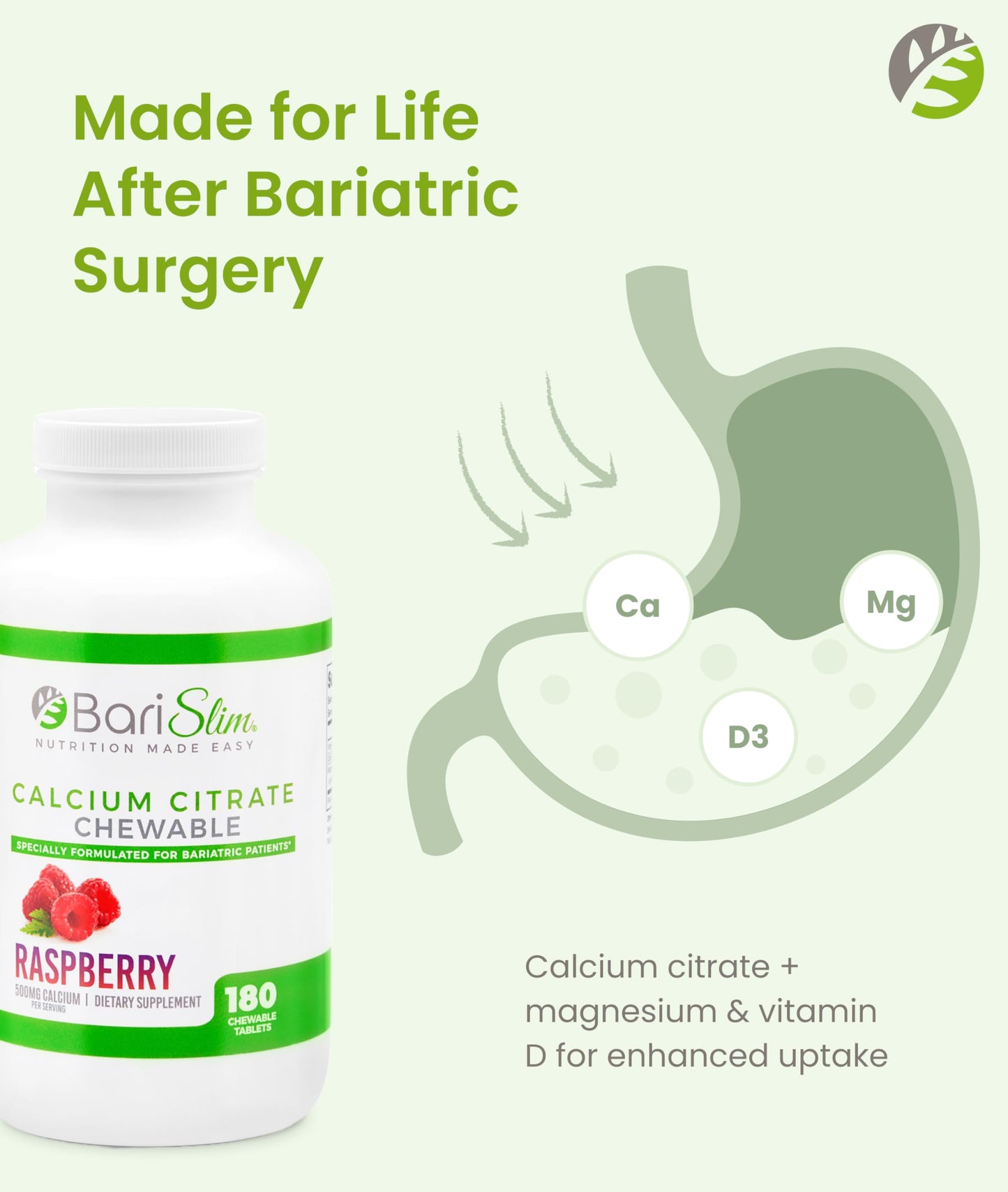 BariSlim Bariatric Calcium Citrate with Magnesium Citrate & Vitamin D Tablets, 180 Count