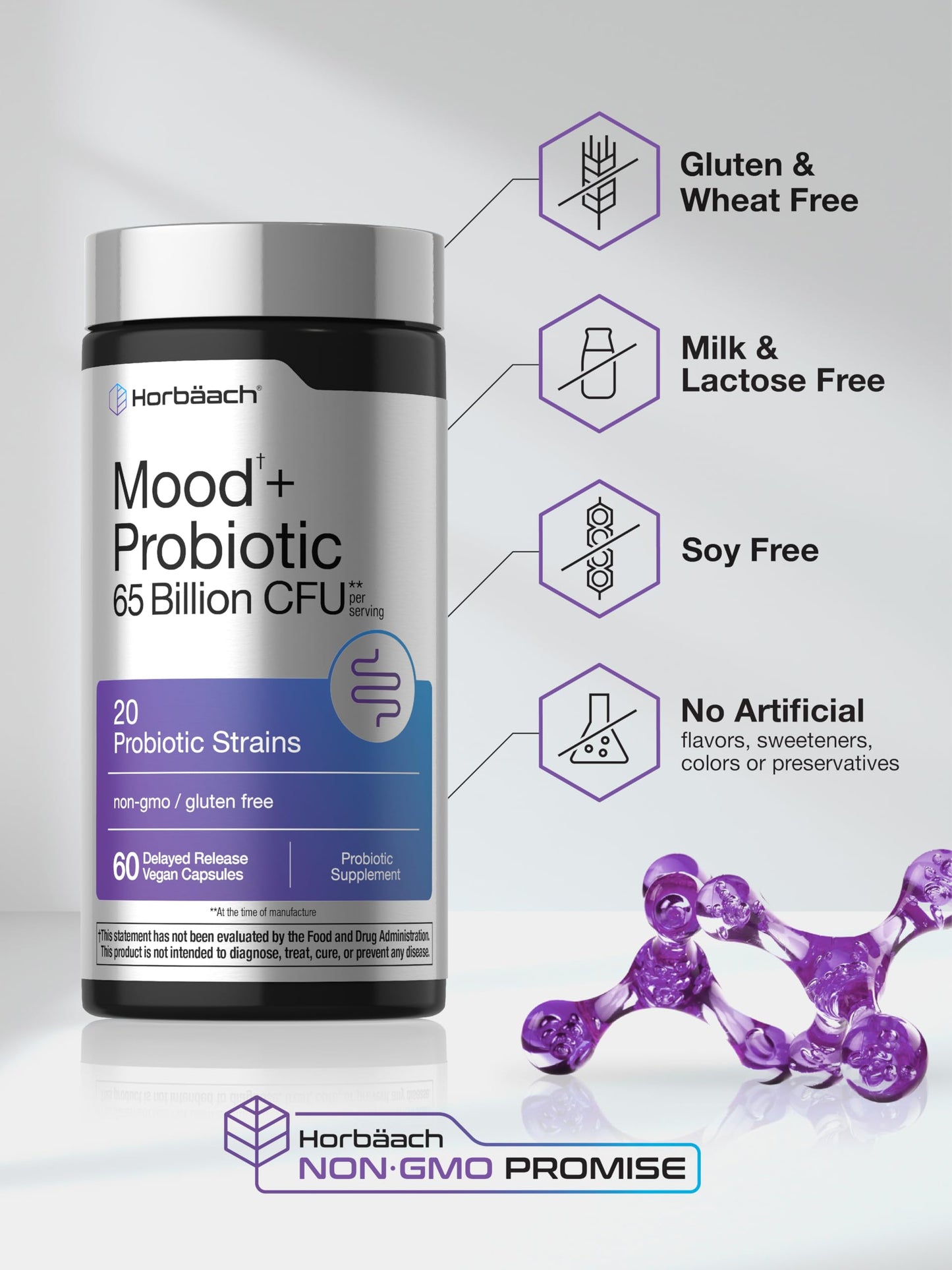 Horbäach Mood Probiotics for Women and Men 65 Billion CFU, 60 Capsules