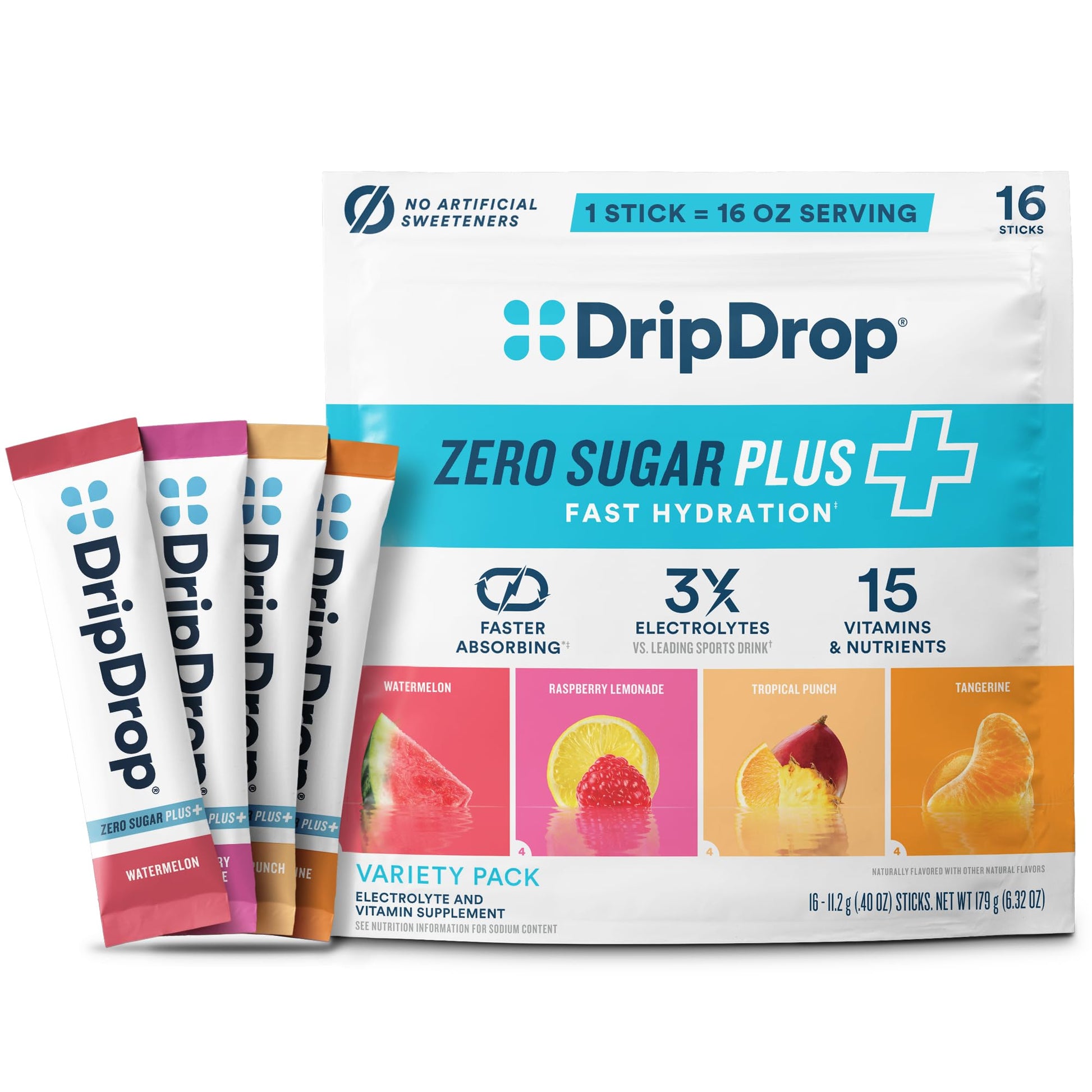 DripDrop Hydration Zero Sugar Plus Electrolyte Packets Powder 16 Count