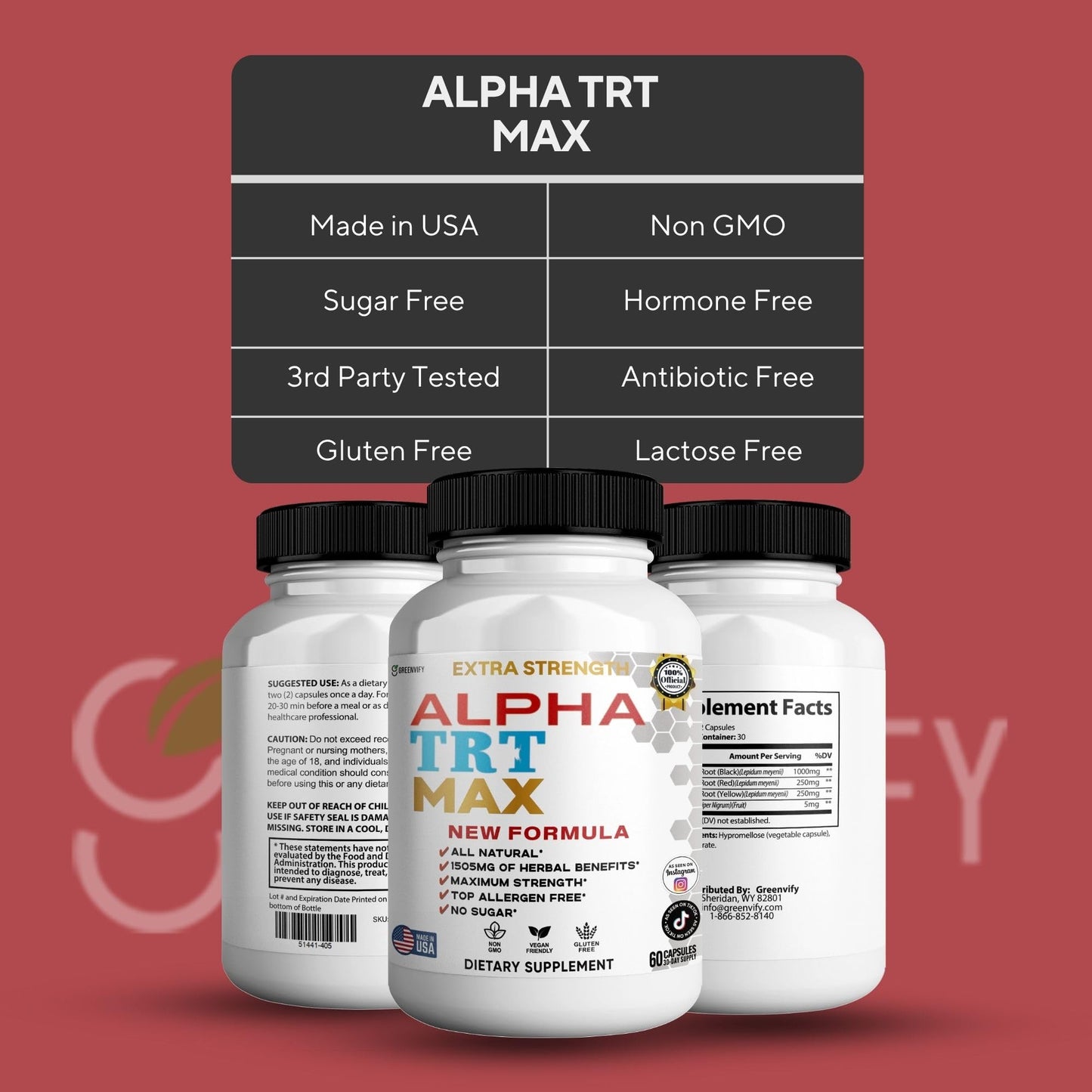 GREENVIFY Alpha TRT Max Extra Strength Organic Maca Root Blend 60 Capsules