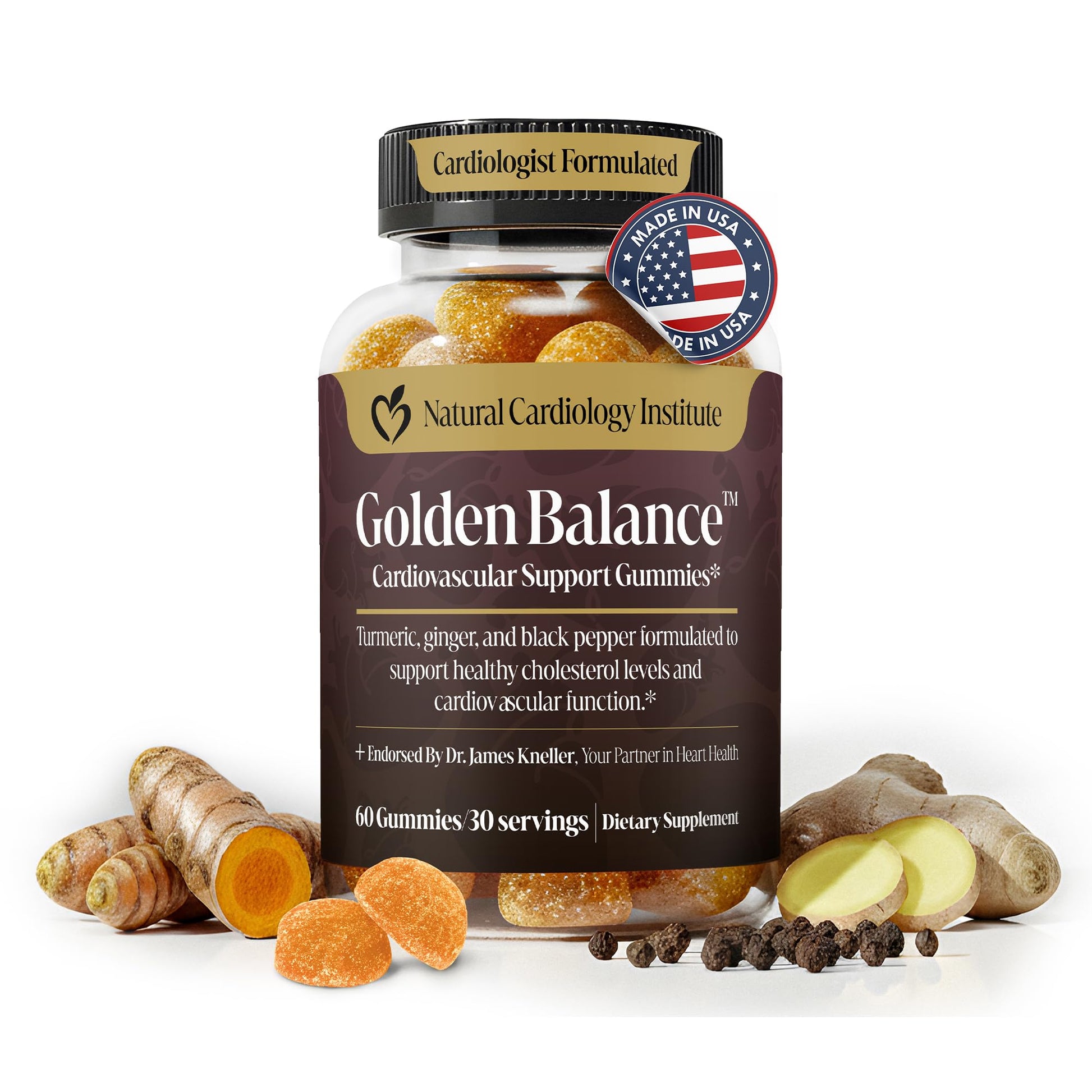 Natural Cardiology Institute Golden Balance Turmeric Ginger Gummies with Black Pepper Extract Gummy, 60 Count