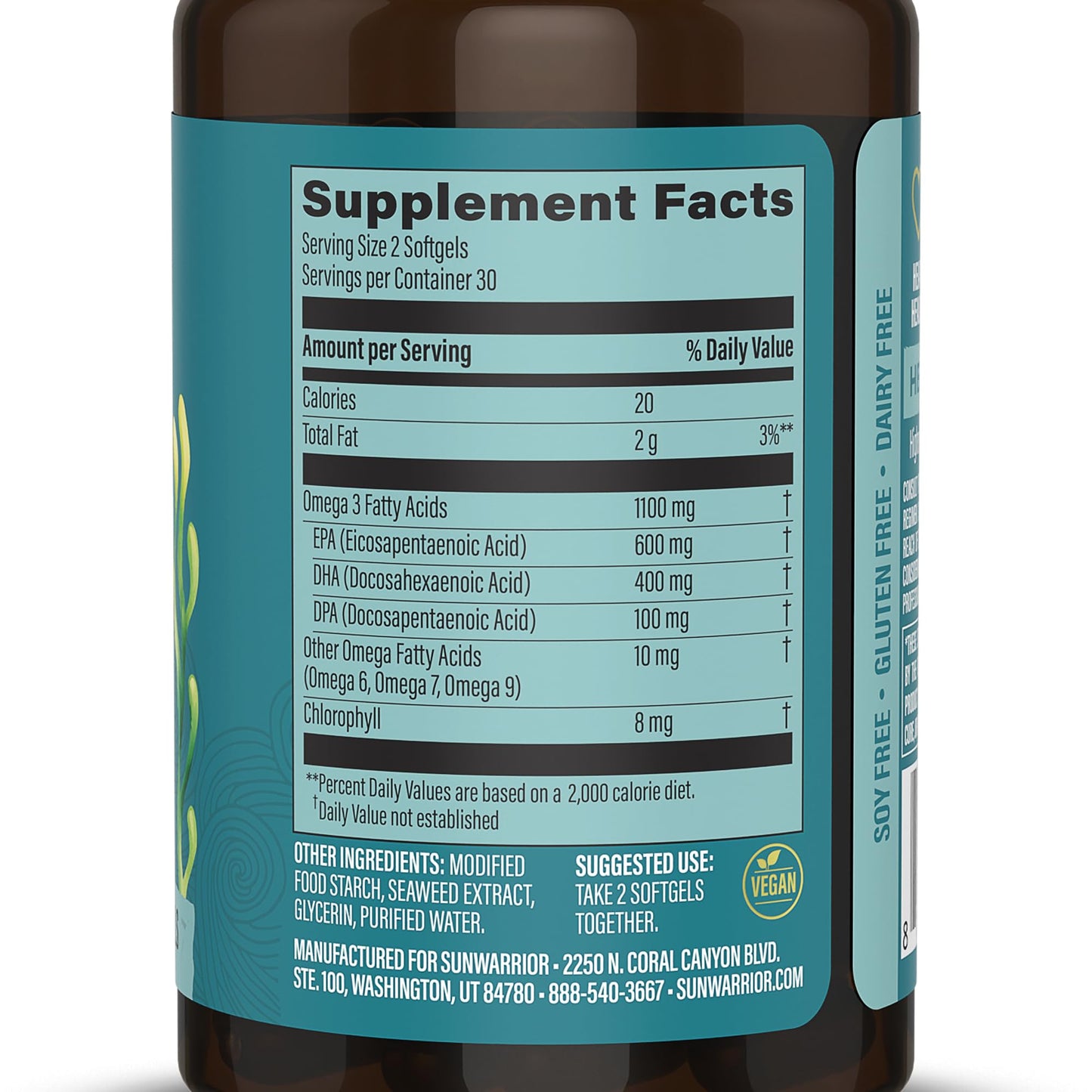 Sunwarrior Vegan Omega-3 DHA & EPA Algal Oil Softgels, 60 Count