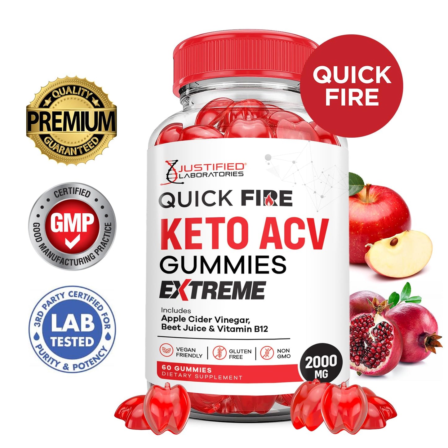 Justified Laboratories Quick Fire Keto ACV Gummies Extreme 2000MG, Apple Cider Vinegar with Pomegranate Beet Juice Powder, B12, Vegan, Non-GMO, 120 Gummies