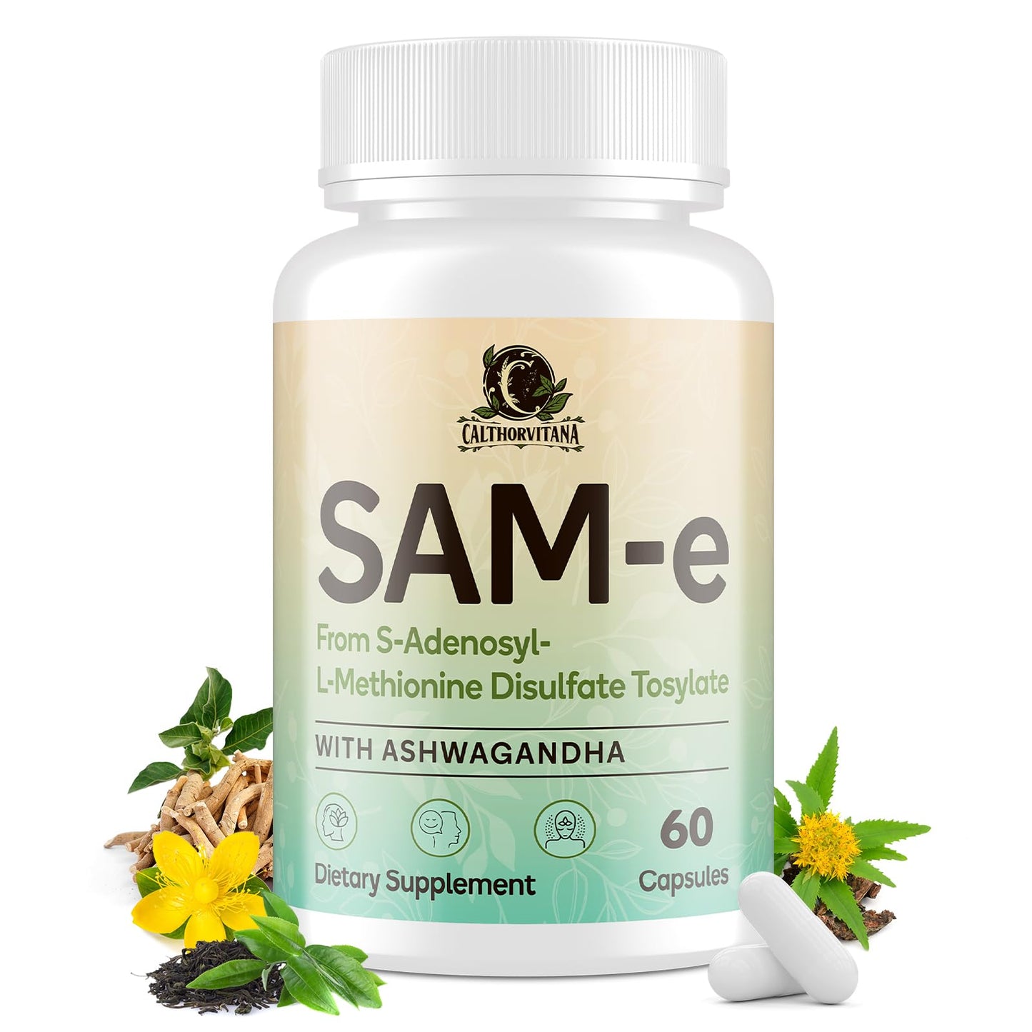 C Calthorvitana SAM-e Supplement Capsule Complex with Ashwagandha Extract, L-Theanine, Rhodiola, St. John's Wort, Omega-3 Fatty Acids, Magnesium, B Vitamins & D3 - 60 Capsules