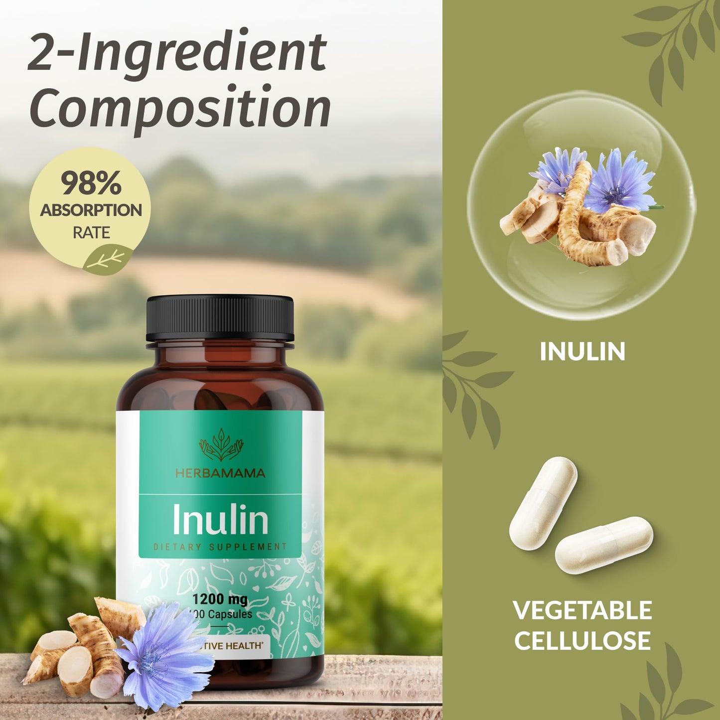HERBAMAMA Inulin Powder Capsules 1200mg, 100 Capsules
