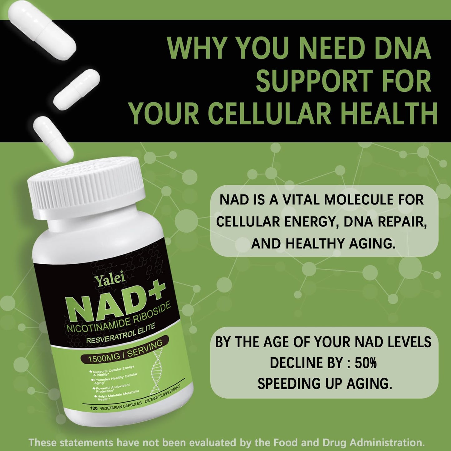 Yalei NAD Resveratrol Supplement 1500mg Liposomal NAD Plus Boosting Capsules 120 Count
