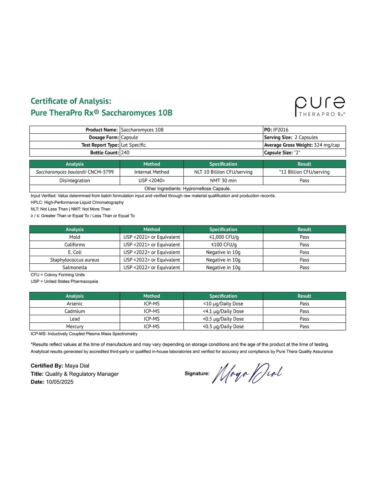 Pure Therapro Rx Saccharomyces boulardii Probiotics 10 Billion CFU Capsule 240 Count