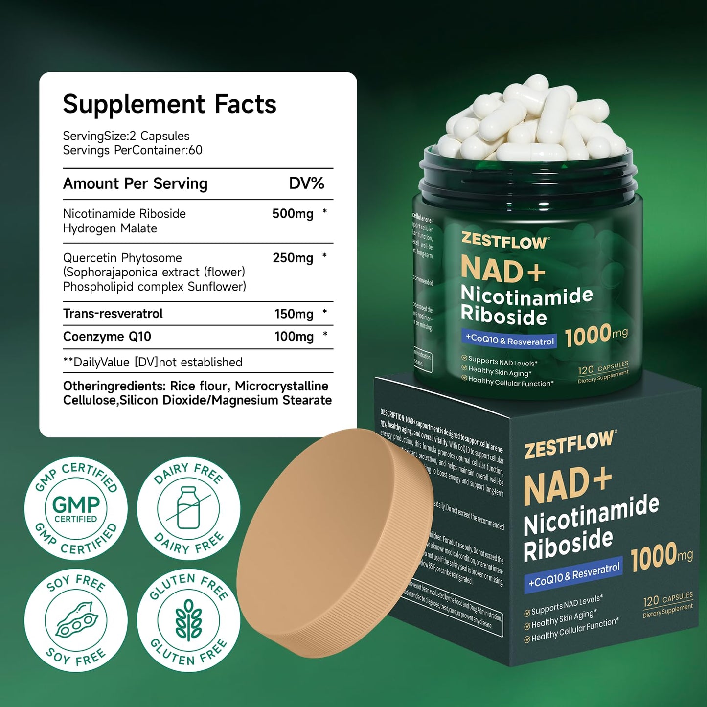 ZESTFLOW NAD+ Nicotinamide Riboside Resveratrol 1000mg Liposomal NAD Supplement with CoQ10 for Cellular Energy & Healthy Aging, 1 Capsule