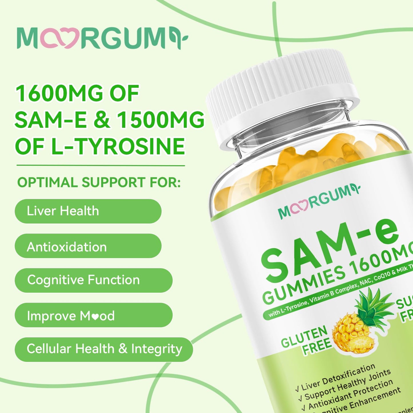 MOORGUMY SAM-e L-Tyrosine with NAC, CoQ10 & Vitamin B Complex Gummies, 60 Gummies