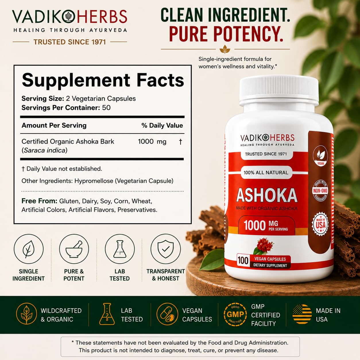 Vadik Herbs Ashoka Bark Capsules, 100 Vegicaps