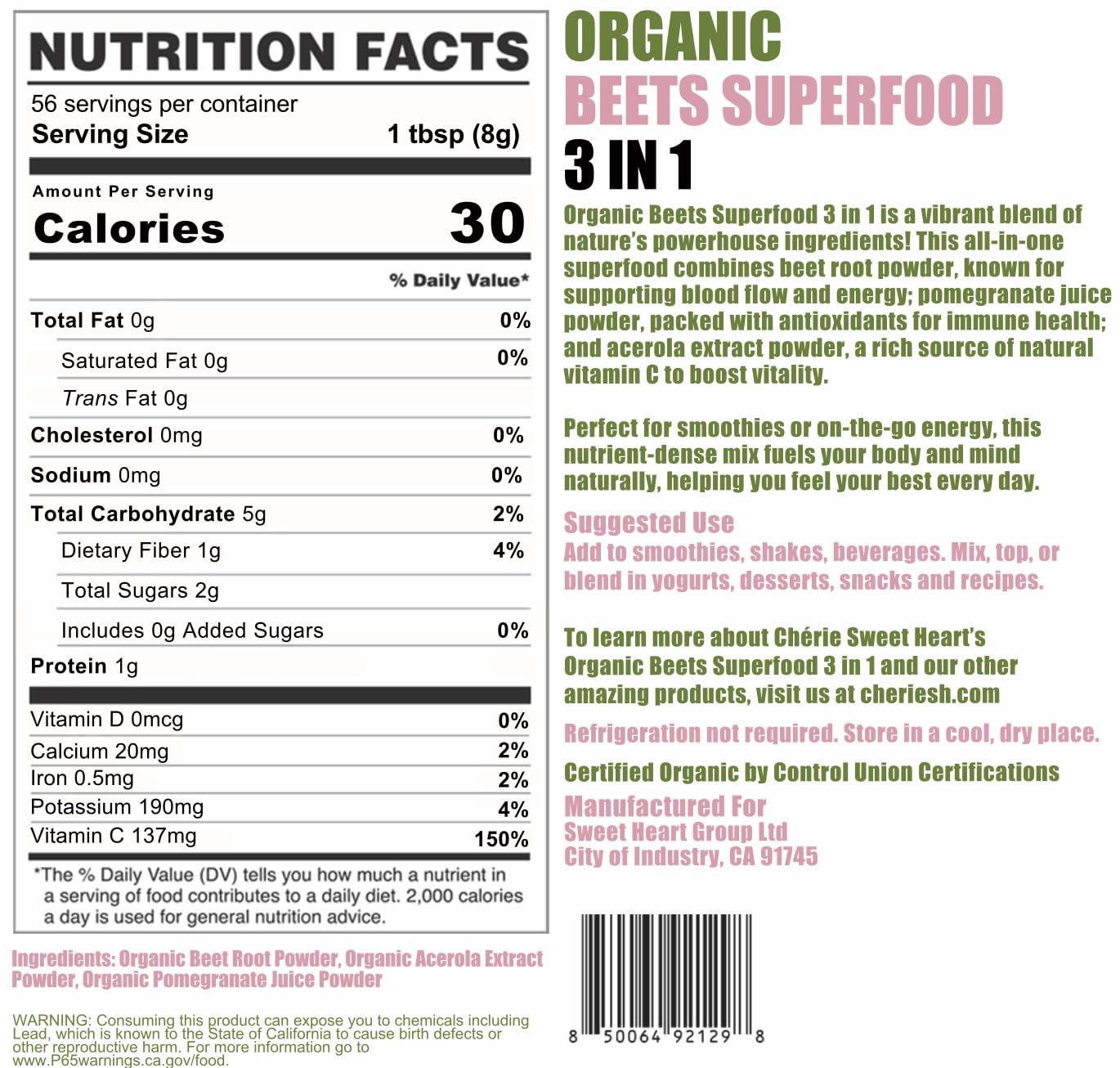 Chérie Sweet Heart Beets Superfood Powder, USDA Organic, 3-in-1 Nitric Oxide, 10 Servings, 16 oz Pouch