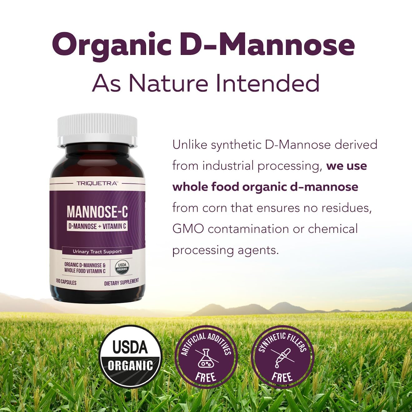 Triquetra Health Mannose-C Organic D-Mannose + Whole Food Vitamin C for UTI Support Capsule, 180 Count