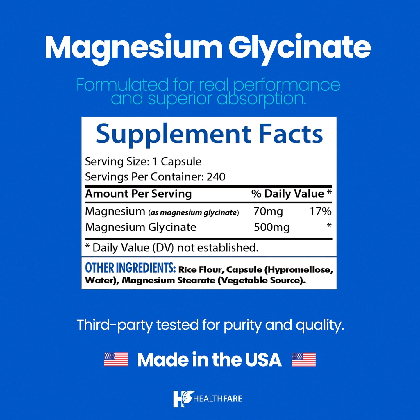 HealthFare Magnesium Glycinate 500mg Capsule 240 Count
