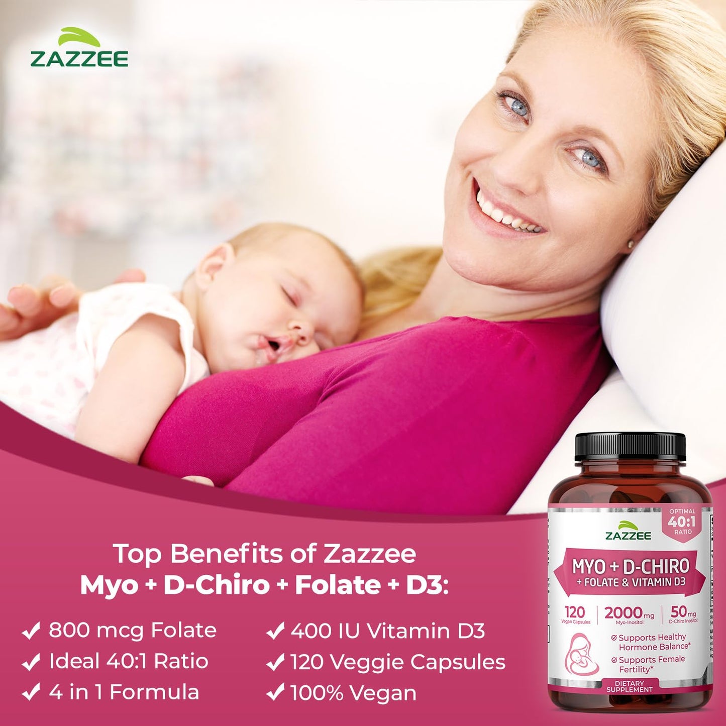 Zazzee Myo & D-Chiro Inositol Ideal 40:1 Ratio with Vitamin D3 & Folate 120 Capsules