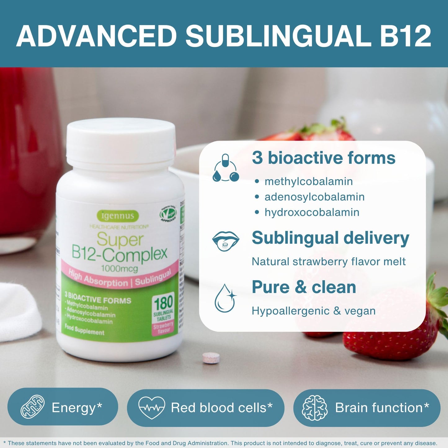 Igennus Healthcare Nutrition Sublingual Vitamin B12 Complex 1000mcg, 180 Tablets