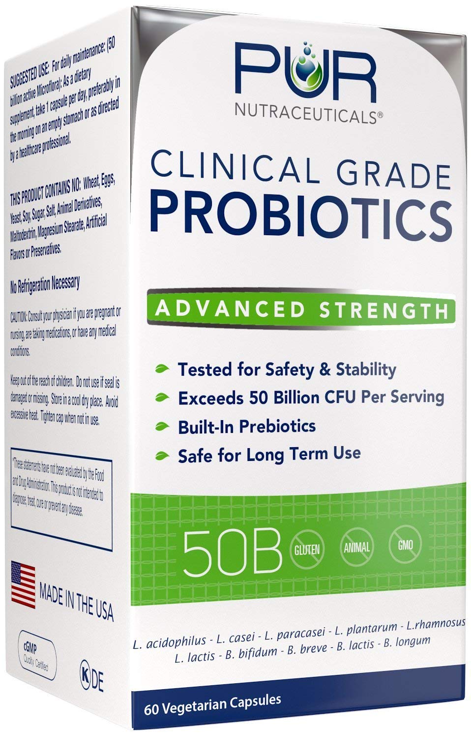 PUR Nutraceuticals Clinical Grade Probiotics 50 Billion CFUs, 60 Capsules