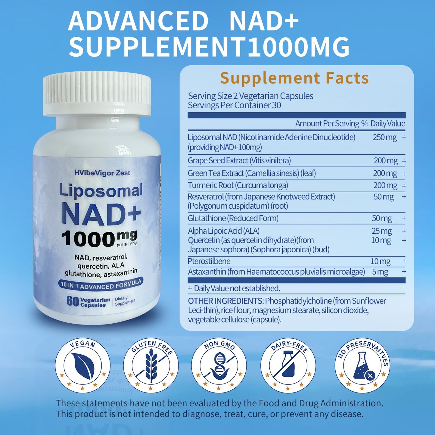 HVibeVigor Zest NAD Supplement 1000mg Liposomal NAD+ with Resveratrol, Glutathione & Astaxanthin – Support Cellular Health, Stamina & Healthy Aging, NMN Supplement Alternative, 60 Capsules