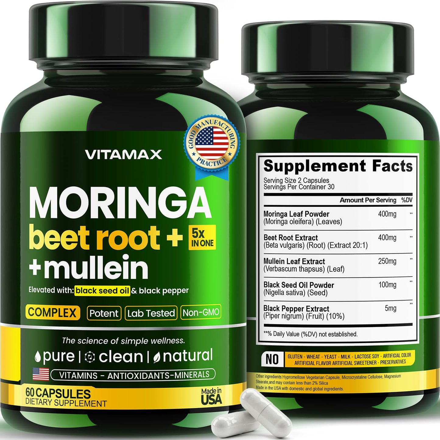 Vitamax Moringa, Beet Root, Mullein Leaf Capsules 60 Count