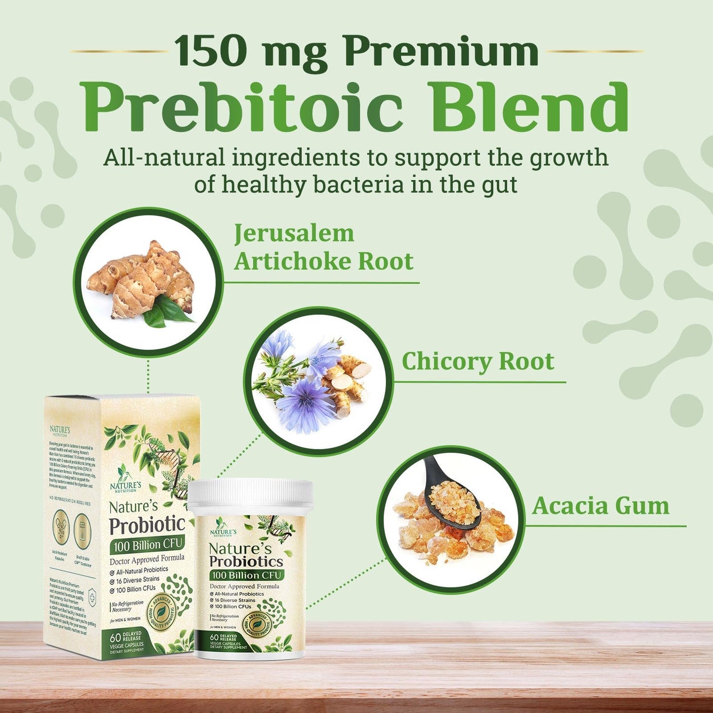 Nature's Nutrition Probiotics 100 Billion CFU Per Serving - 16 Premium Strains + Prebiotics - Probiotic Supplement for Adults - Supports Immune & Digestive Health & Occasional Constipation, 60 Capsules