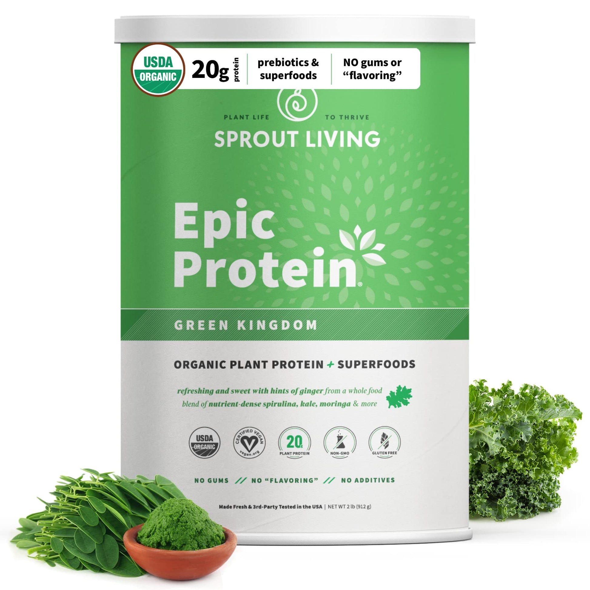 Sprout Living Epic Protein, Plant Based Protein & Superfoods Powder, Green Kingdom, 32 Servings