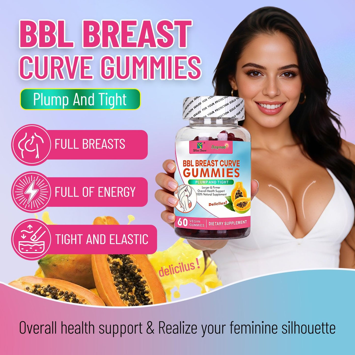 Wins Town BBL Chest Curve Gummies, 60 Count