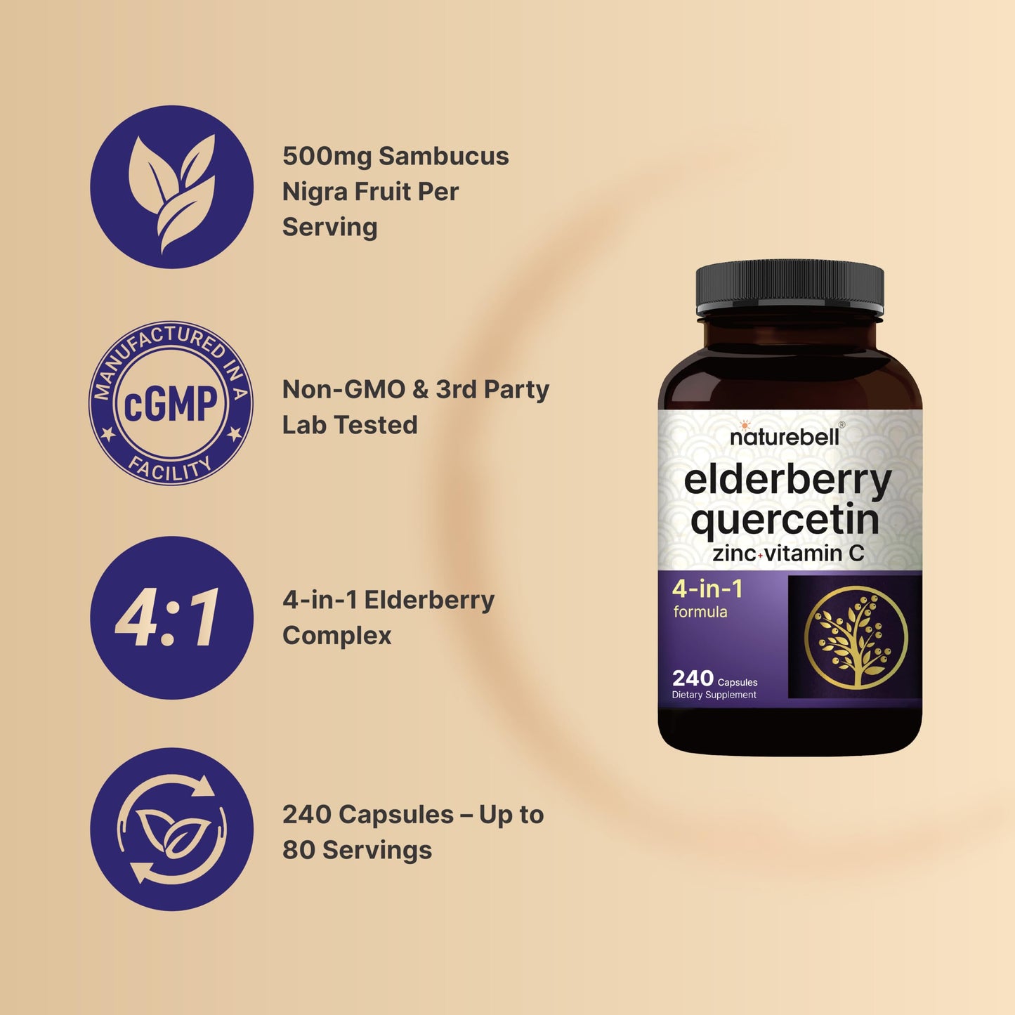 NatureBell Elderberry with Vitamin C, Zinc & Quercetin Capsules, 240 Count