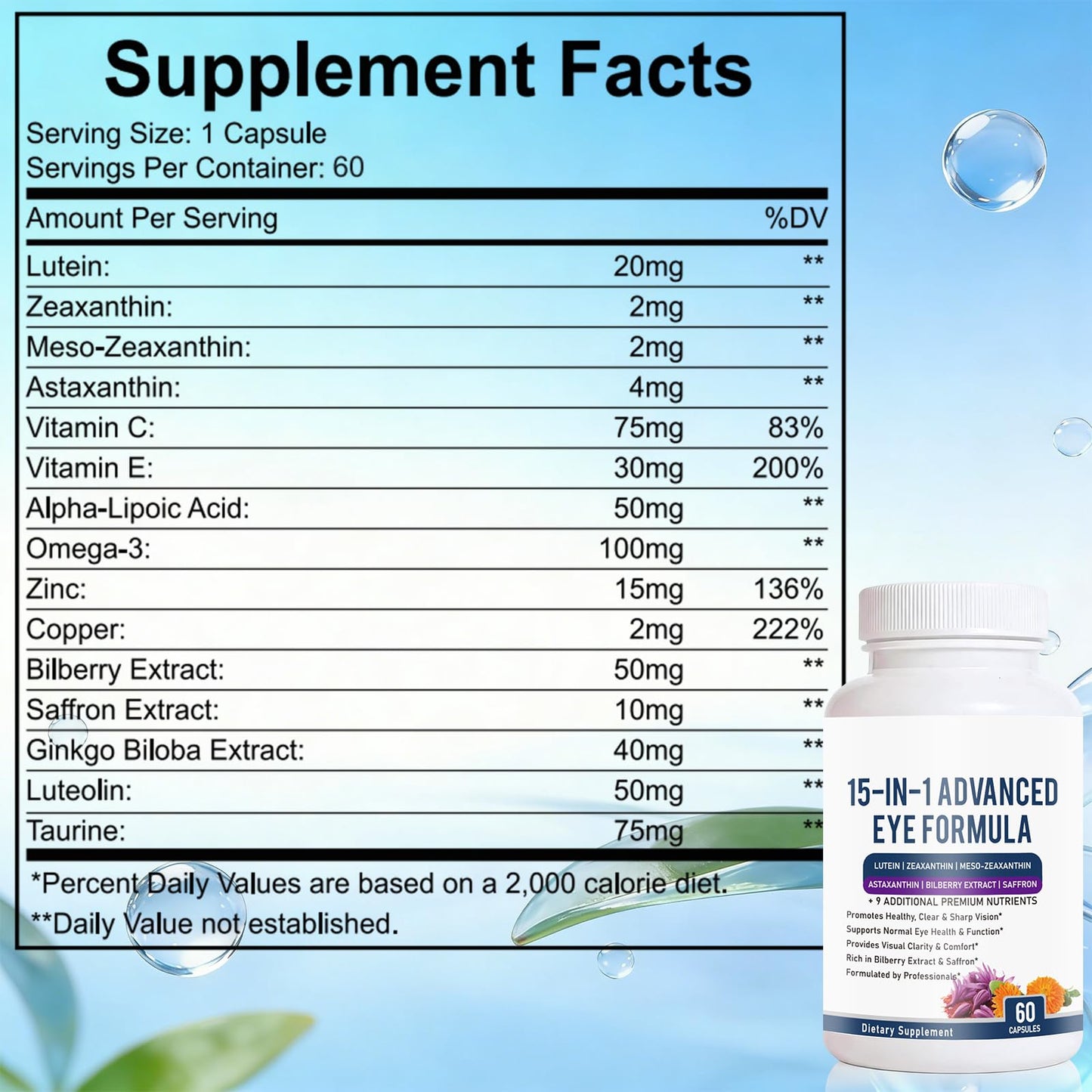 URMAX 15 in 1 Advanced Eye Formula Eye Vitamin and Mineral Supplement with Lutein, Zeaxanthin, Zinc & Bilberry Extract, Vision & Focus Support, 60 Capsules