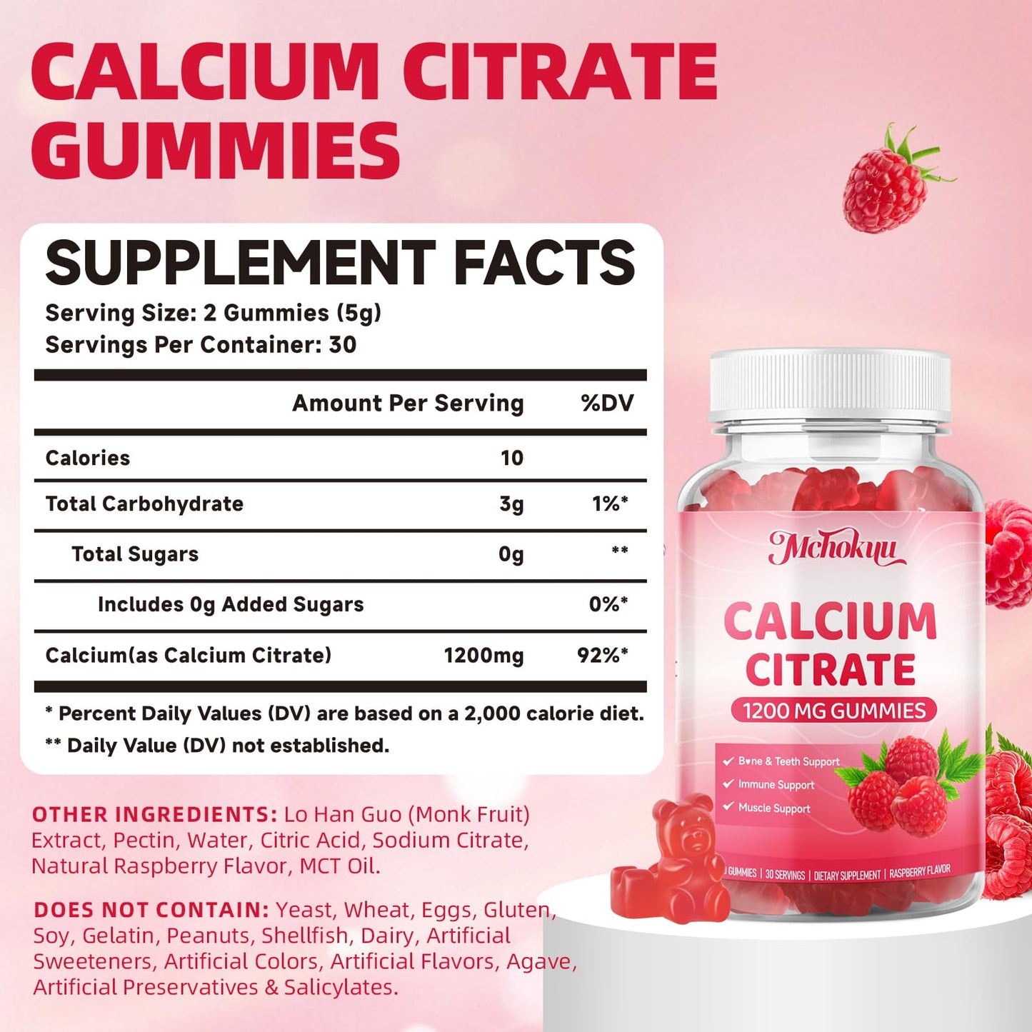 Mchokuu Calcium Citrate Gummies 1200mg Chewable Calcium Supplement for Women & Men Gummy 120