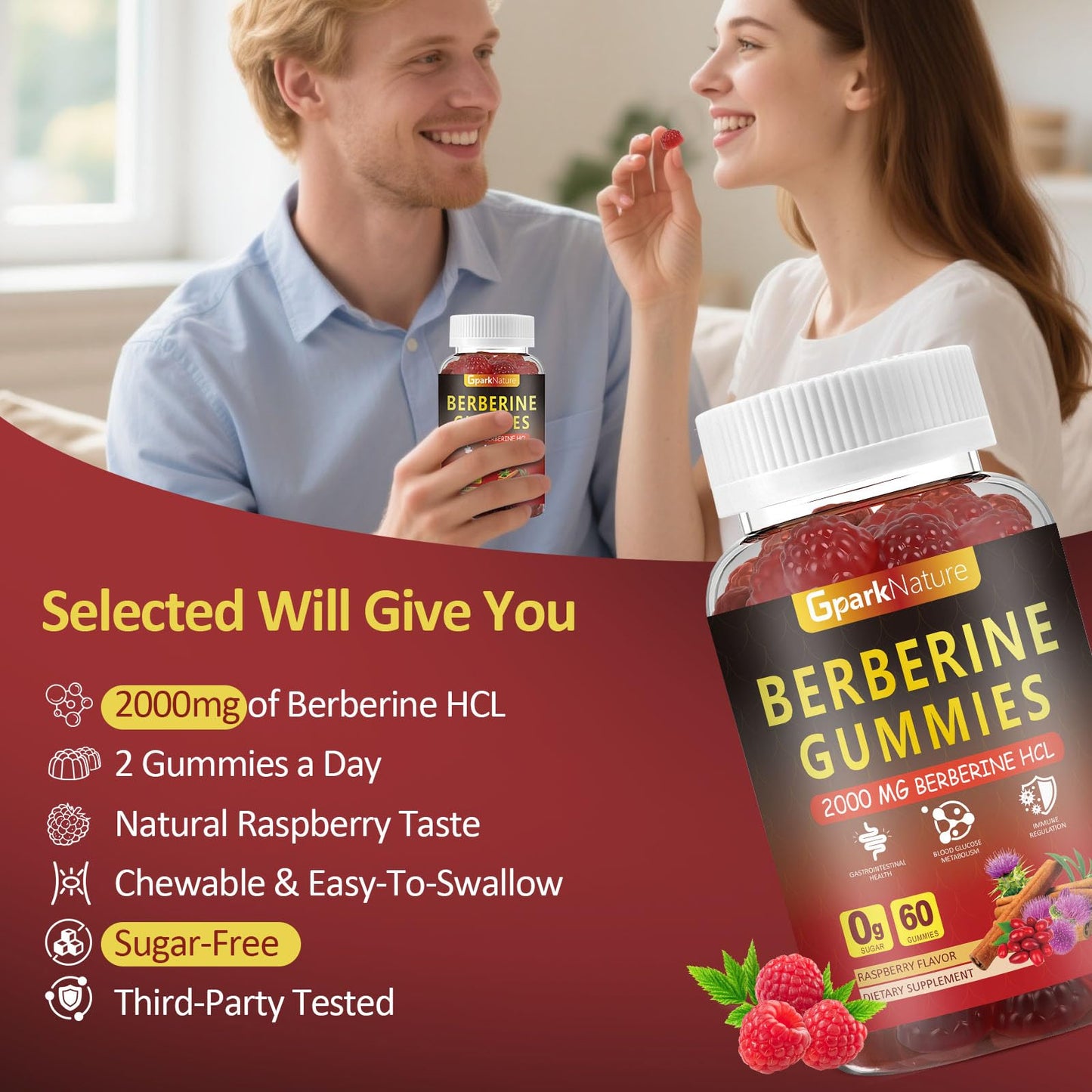 GparkNature Berberine Gummies 2000 mg with Ceylon Cinnamon, Turmeric, Milk Thistle, Magnesium, Chromium for Immune Support, Sugar Free, Vegan Raspberry Flavor, 60 Count