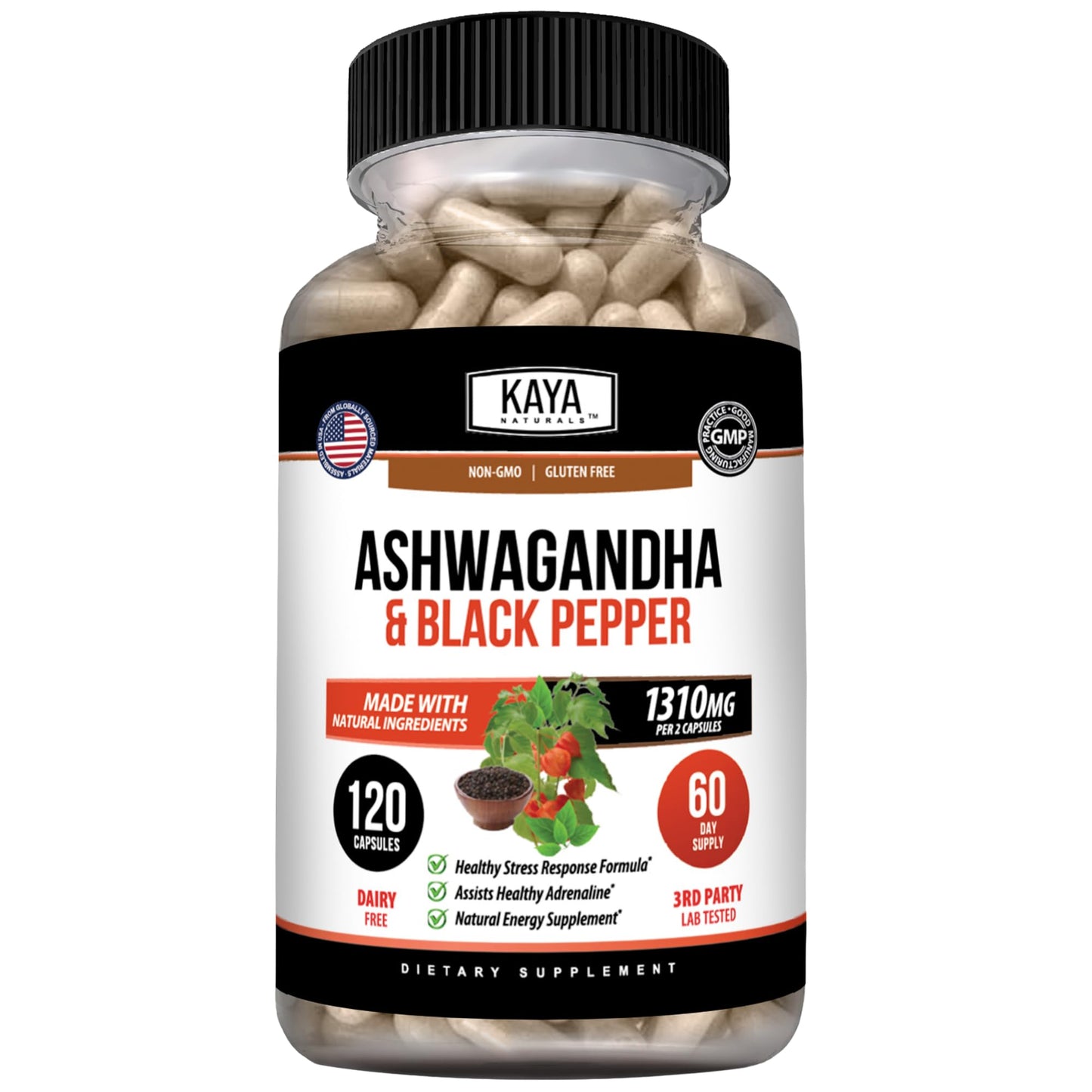 Kaya Naturals Ashwagandha 1300mg Capsules, 120 Count