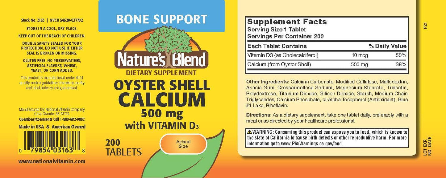 Nature's Blend Oyster Shell Calcium with D3 Capsule, 200 Count