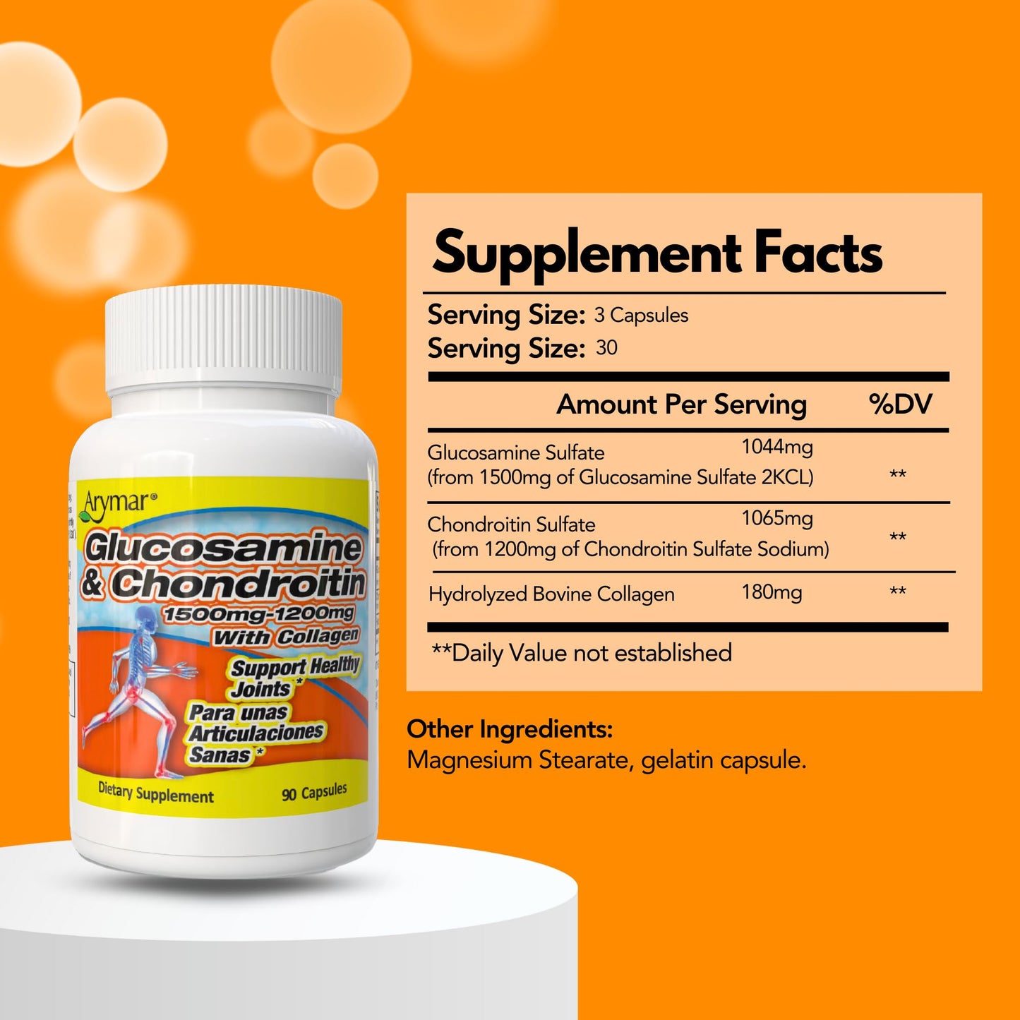 Arymar Glucosamine 1500 mg and Chondroitin 1200 mg with Collagen Joint Health Supplement 90 Capsules