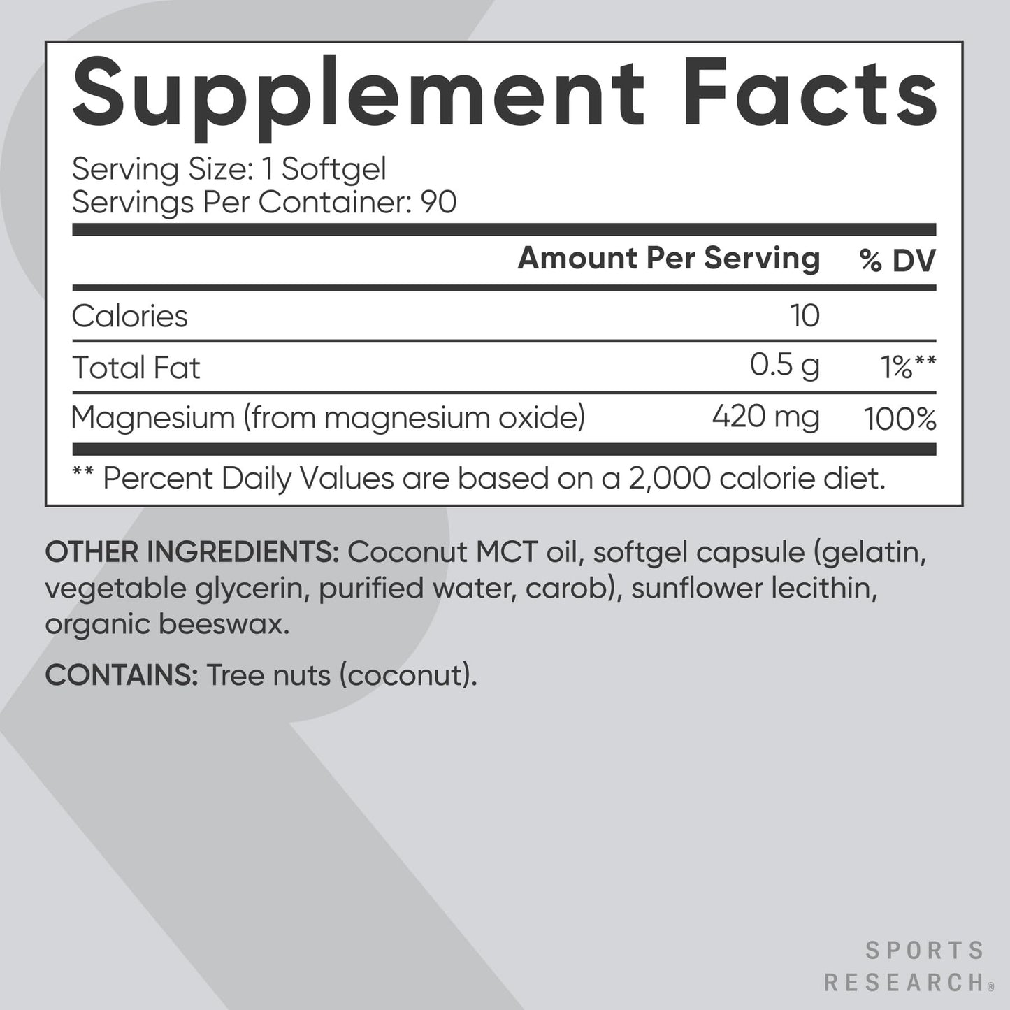 Sports Research Magnesium Oxide 420mg with Coconut MCT Oil Magnesium Supplement for Muscle, Nerve, and Bone Support, Gluten-Free, Non-GMO, 90 Softgels